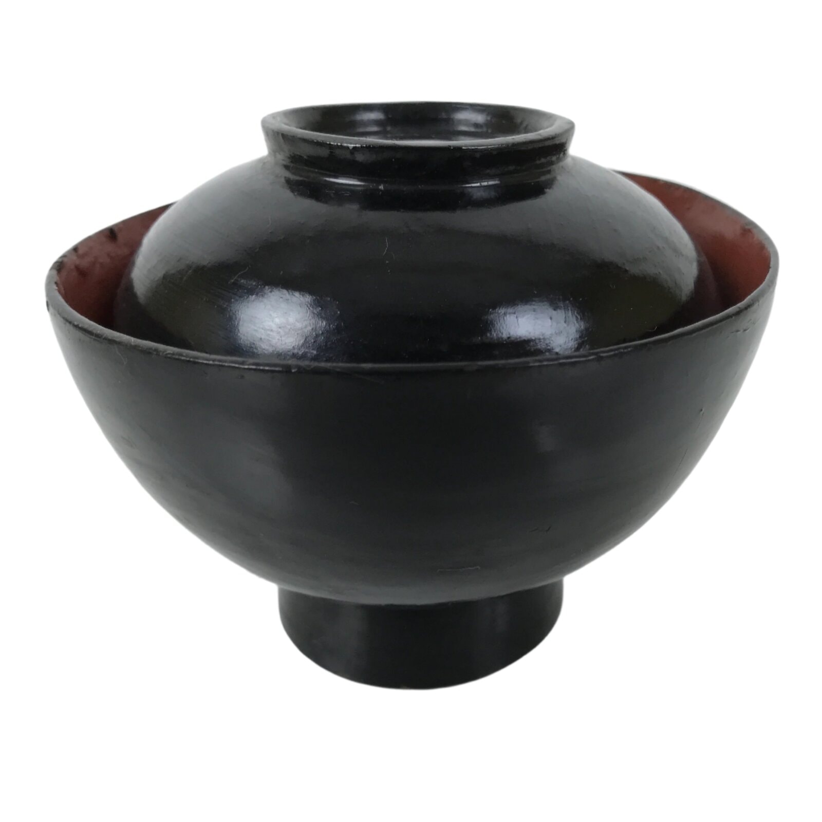 Japanese Lacquered Wooden Lidded Bowl Owan Vtg Rice Soup Dish Black Red LB131