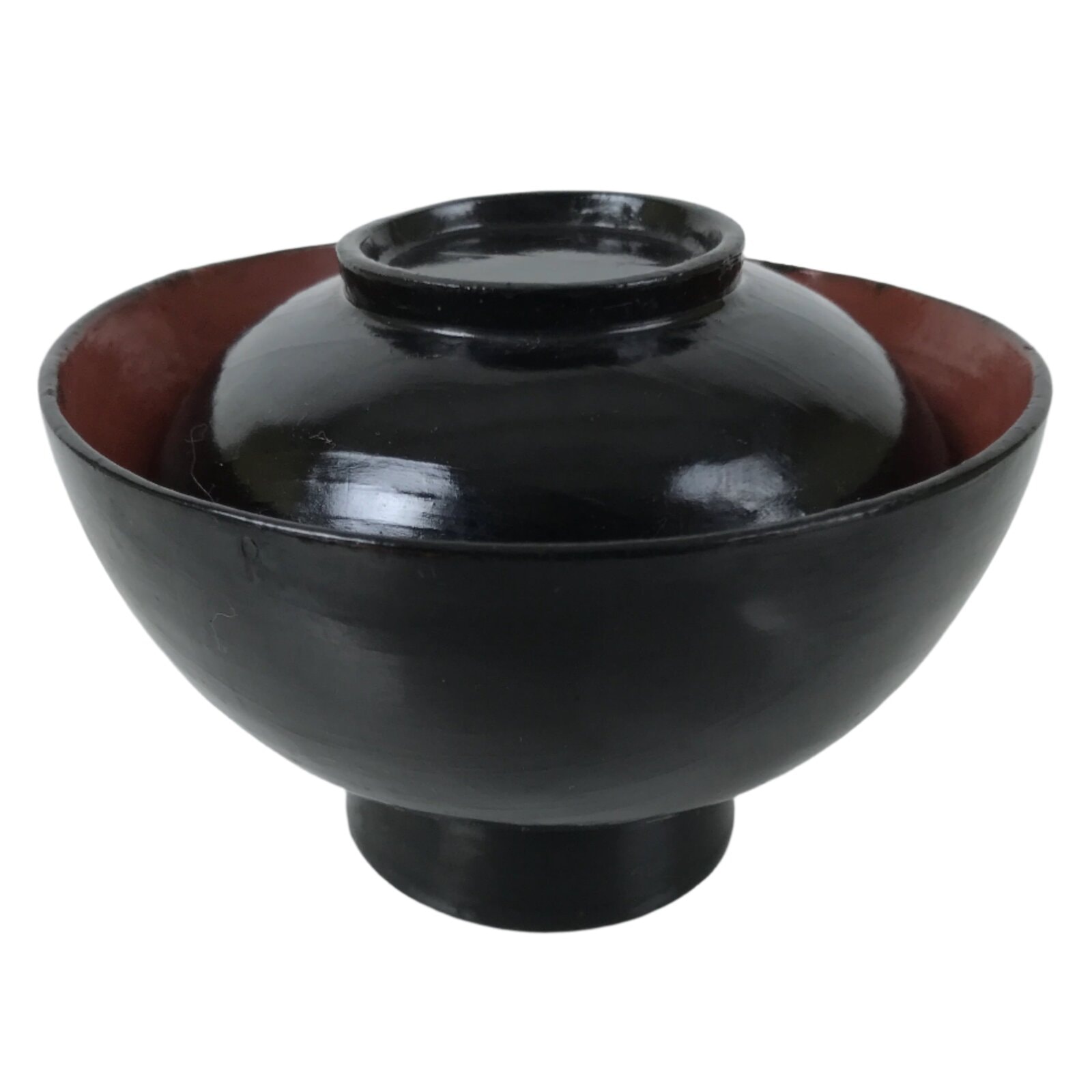 Japanese Lacquered Wooden Lidded Bowl Owan Vtg Rice Soup Dish Black Red LB132