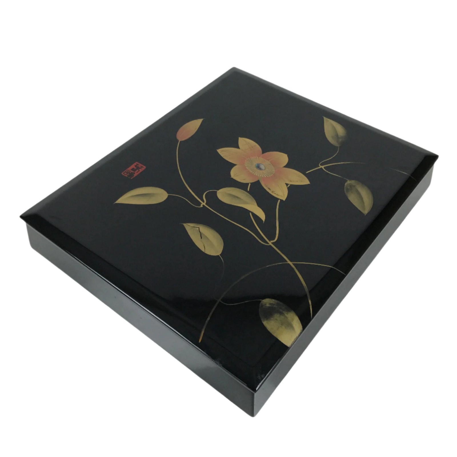 Japanese Lacquered Wooden Lidded Fumibako Letter Box Vtg Makie Raden Black FB91