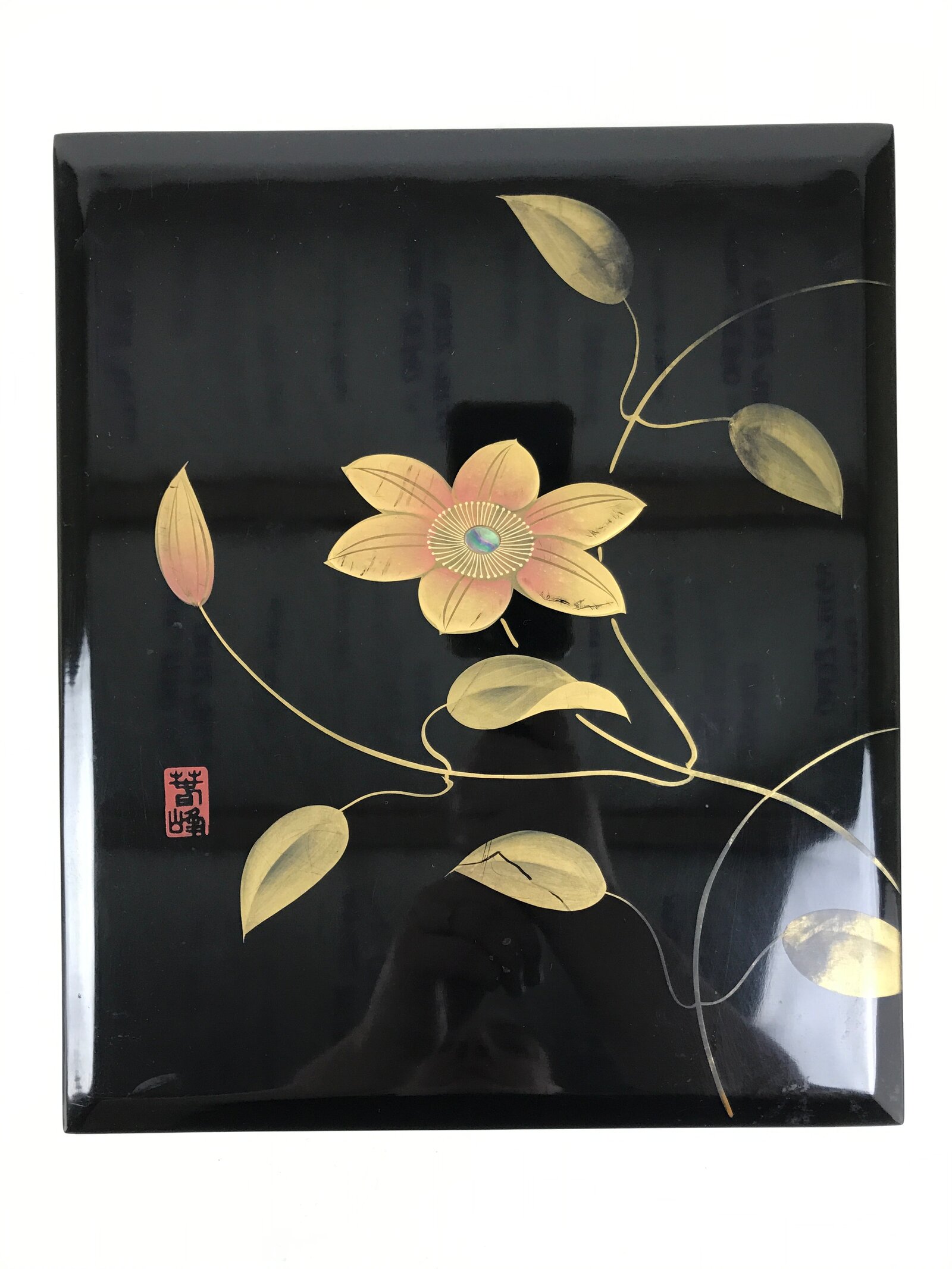 Japanese Lacquered Wooden Lidded Fumibako Letter Box Vtg Makie Raden Black FB91