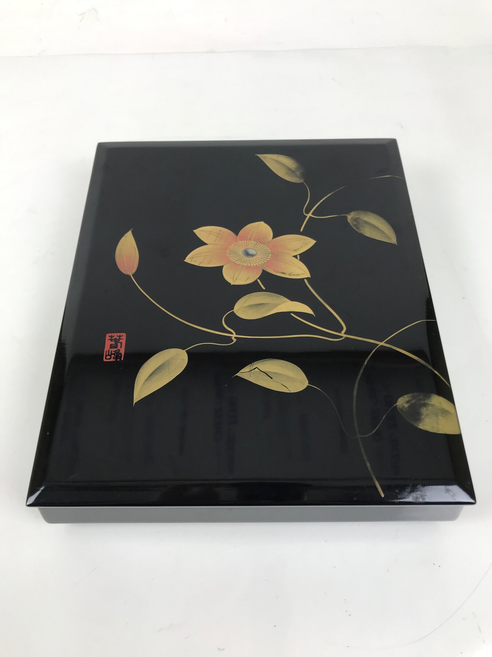 Japanese Lacquered Wooden Lidded Fumibako Letter Box Vtg Makie Raden Black FB91