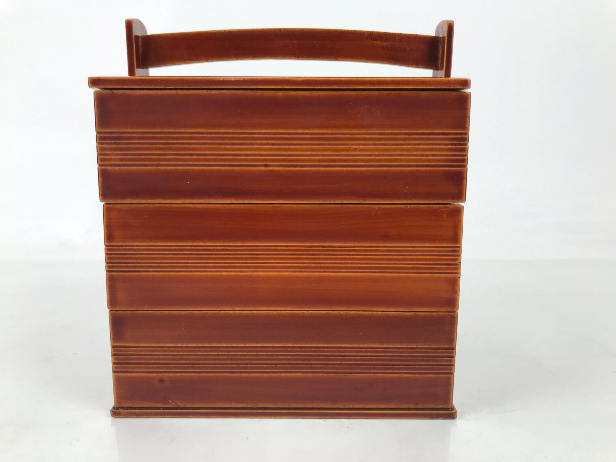 Japanese Lacquered Wooden Lunch Box Bento Shunkei Two Tiers Brown Handle L490