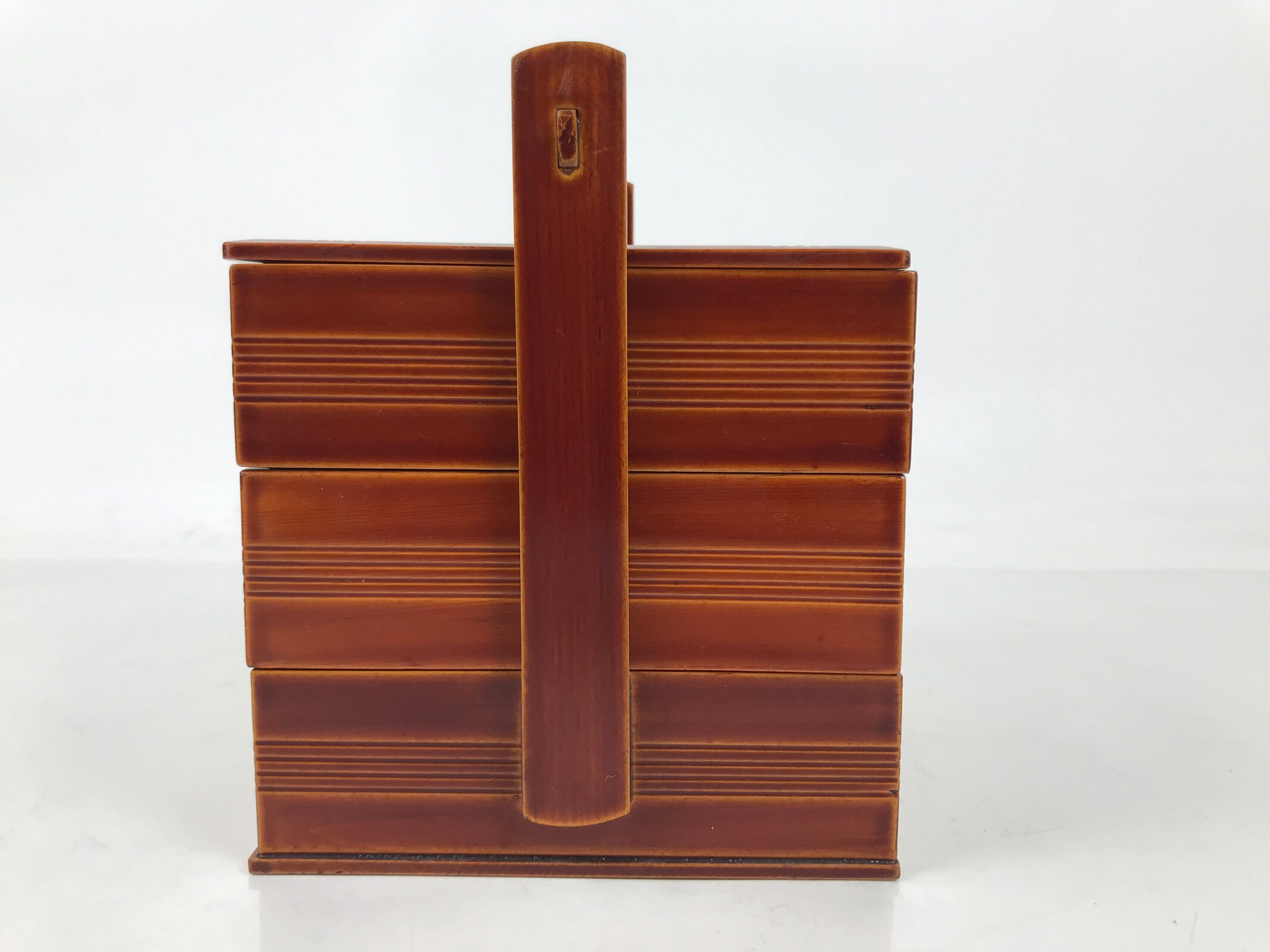 Japanese Lacquered Wooden Lunch Box Bento Shunkei Two Tiers Brown Handle L490