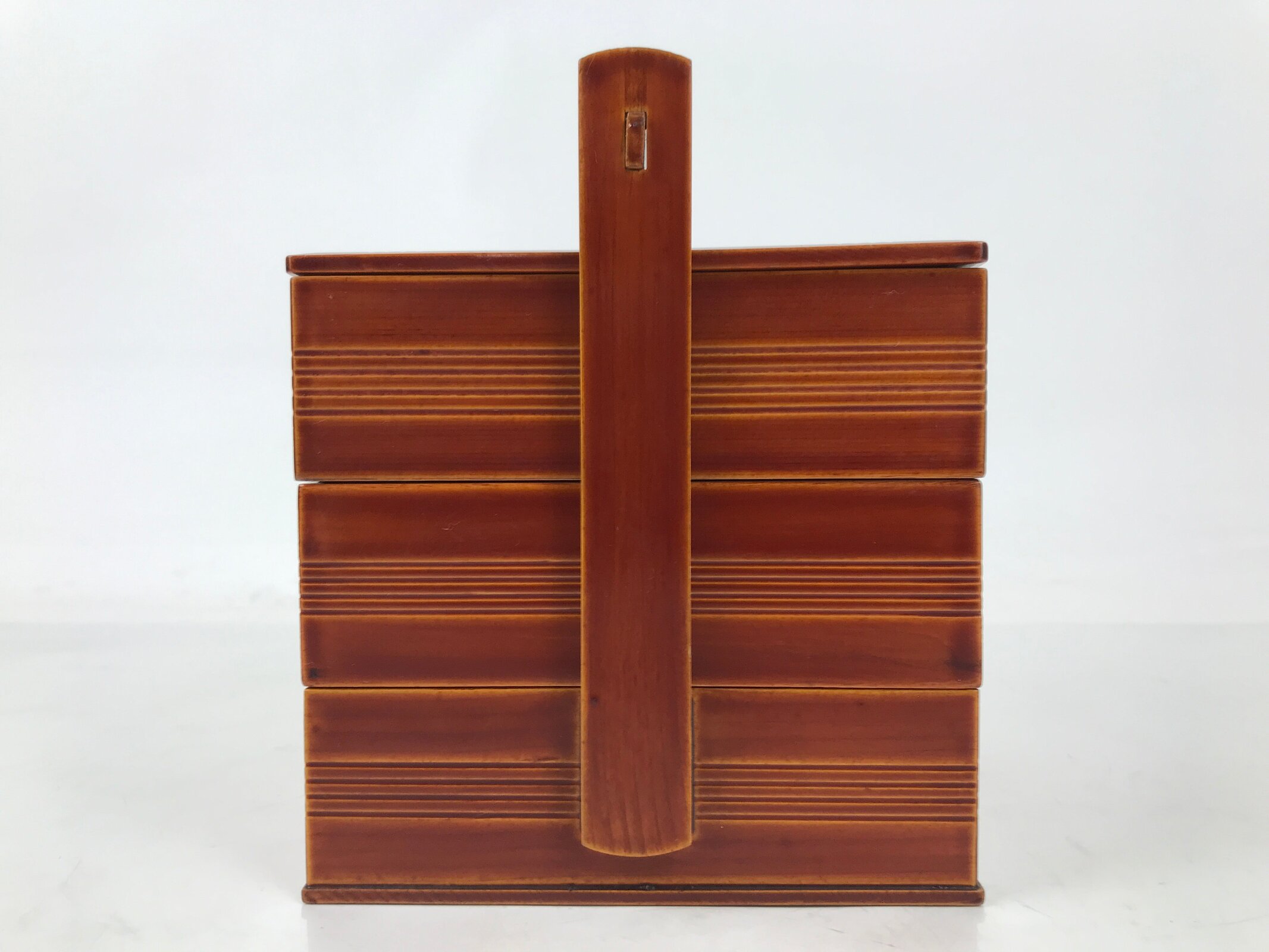 Japanese Lacquered Wooden Lunch Box Bento Shunkei Two Tiers Brown Handle L490