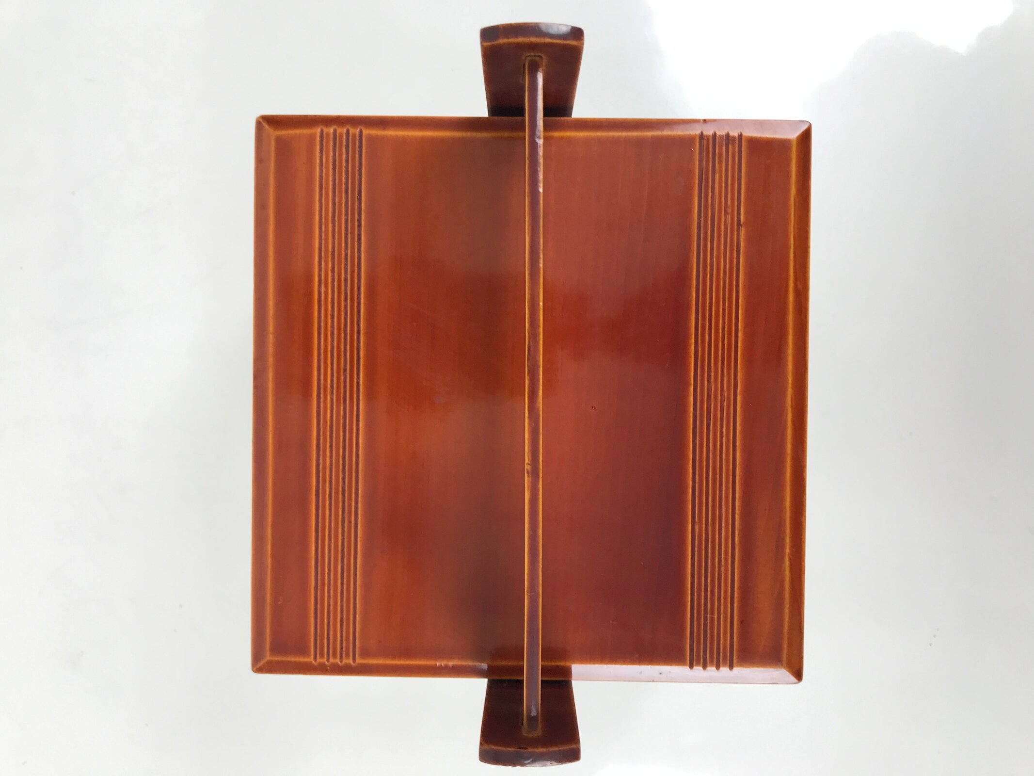 Japanese Lacquered Wooden Lunch Box Bento Shunkei Two Tiers Brown Handle L490