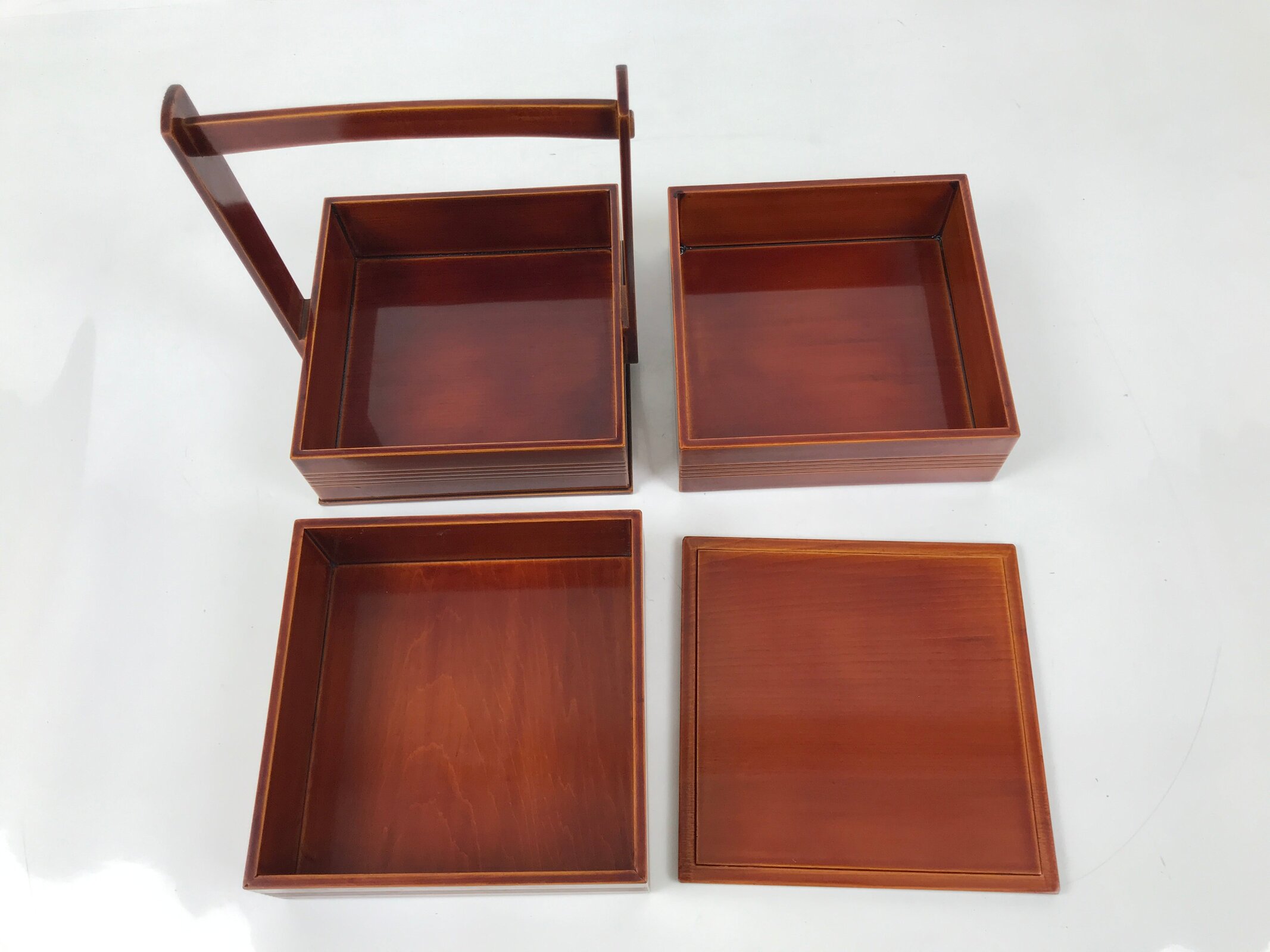 Japanese Lacquered Wooden Lunch Box Bento Shunkei Two Tiers Brown Handle L490