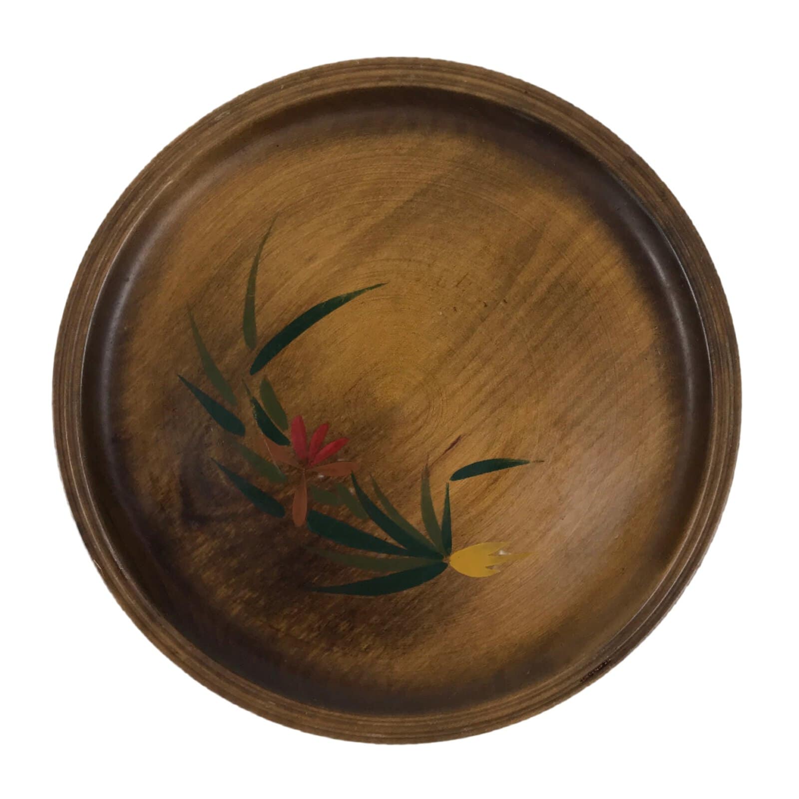 Japanese Lacquered Wooden Serving Tray Obon Vtg Round Brown Flower Leaf L456