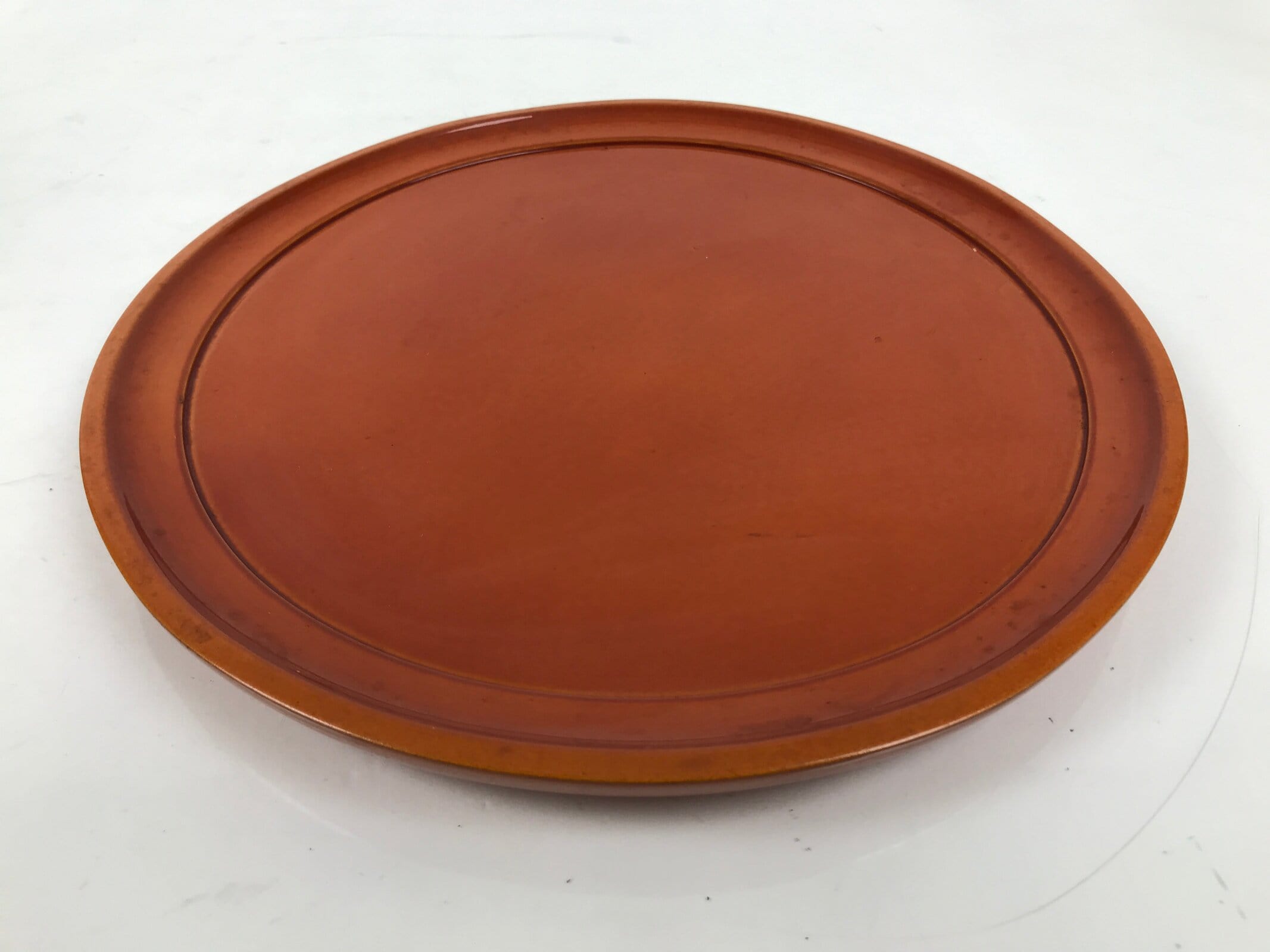 Japanese Lacquered Wooden Serving Tray Obon Vtg Round Orange Brown Glossy L455