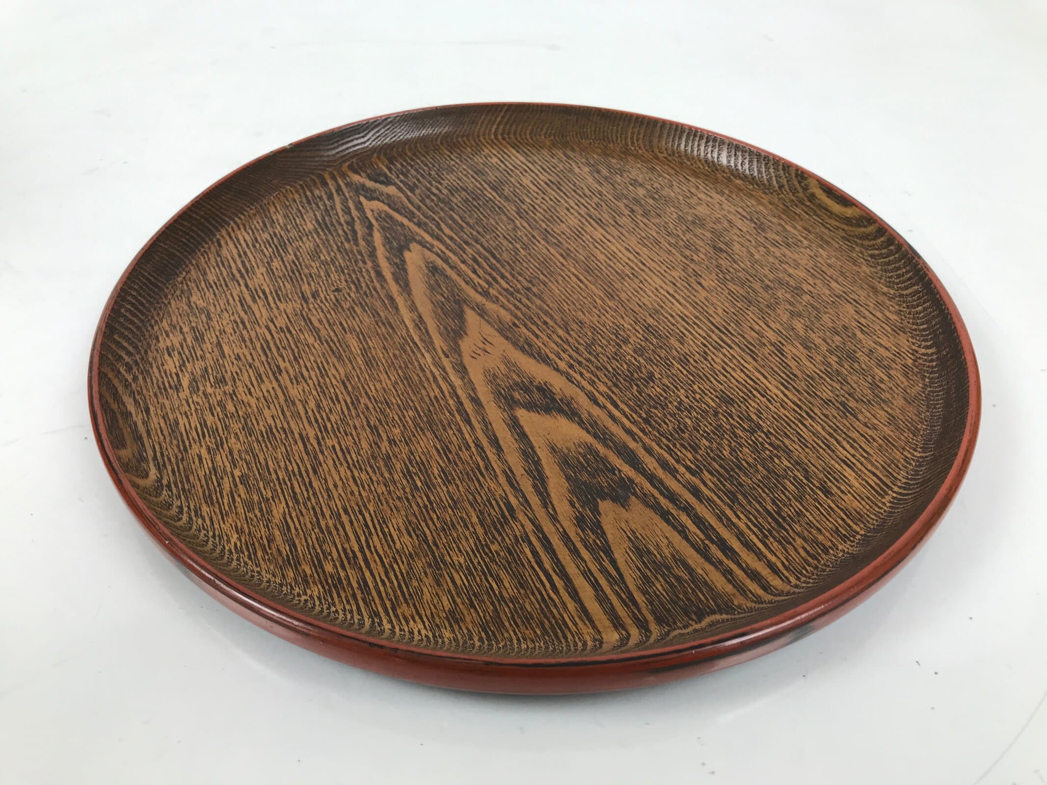 Japanese Lacquered Wooden Serving Tray Obon Vtg Round Red Black Brown L454