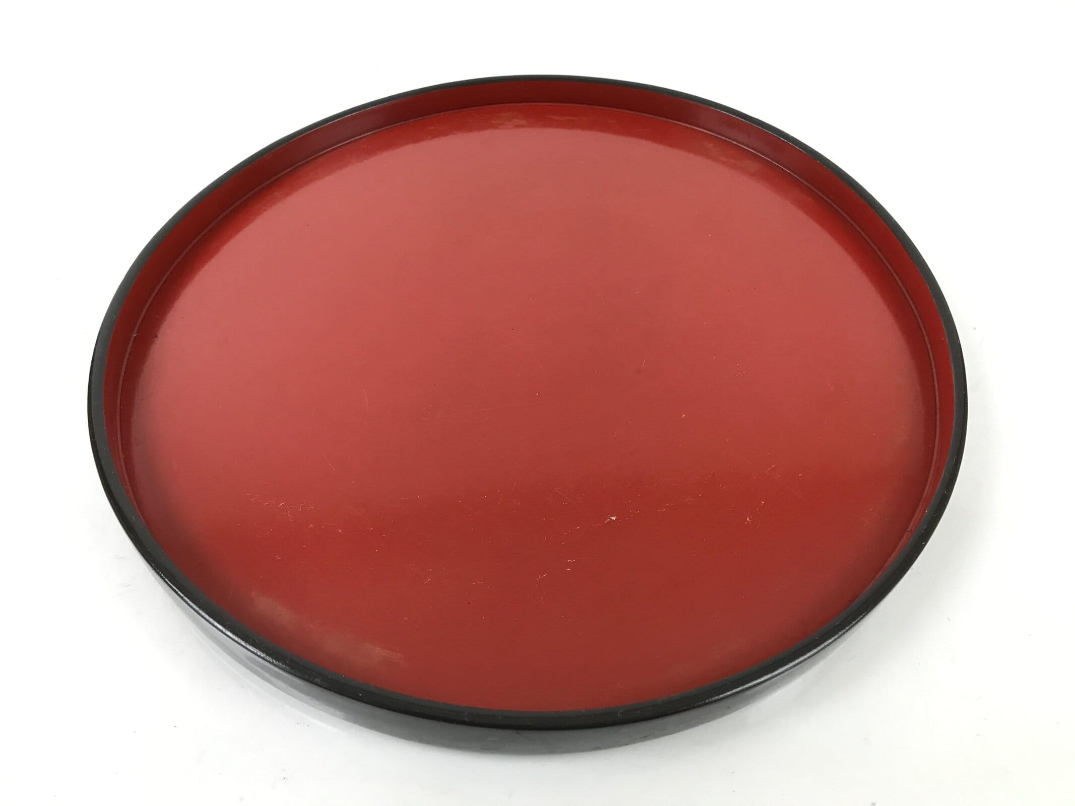 Japanese Lacquered Wooden Serving Tray Obon Vtg Round Red Vermilion Black L383