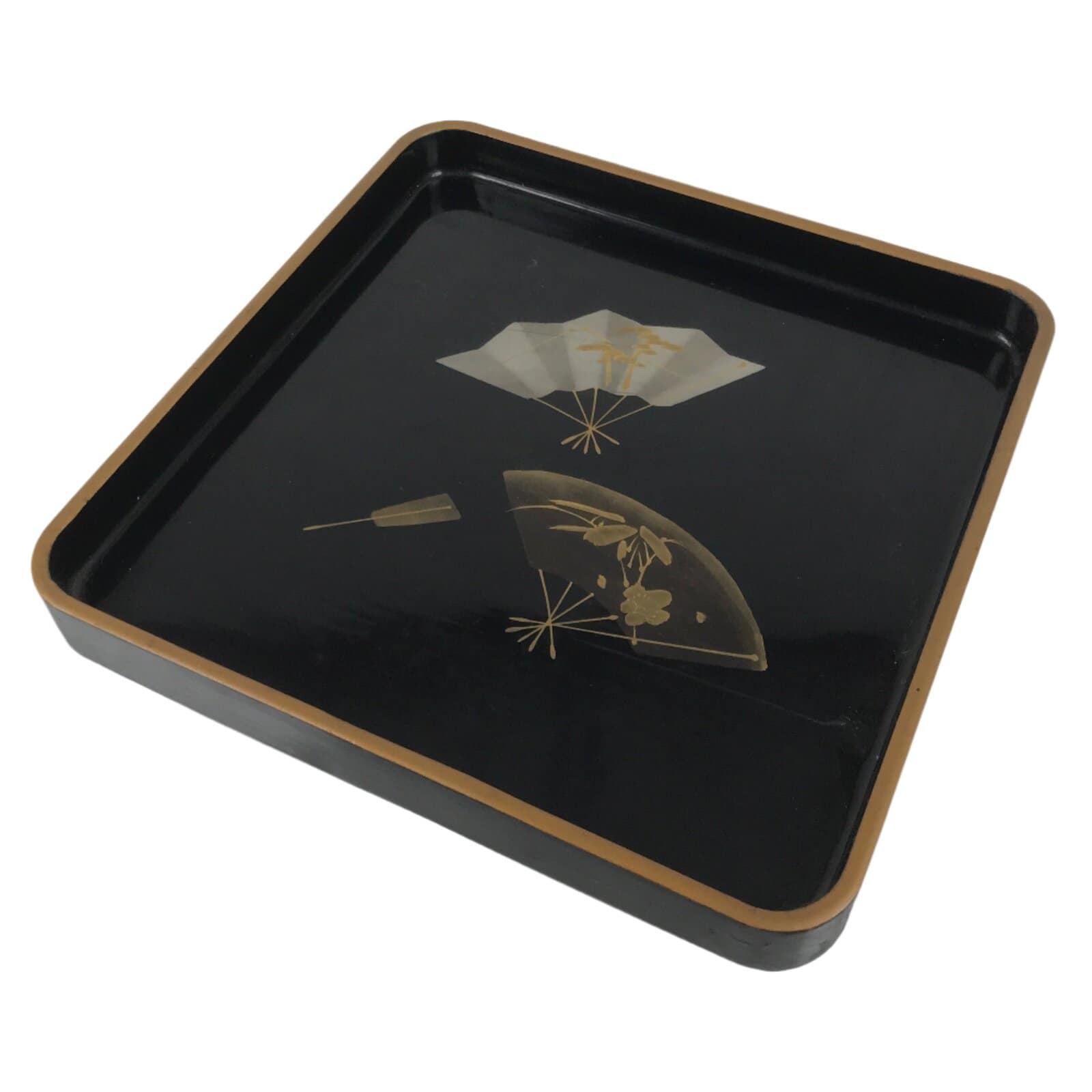 Japanese Lacquered Wooden Serving Tray Obon Vtg Square Makie Fans Black LWB123