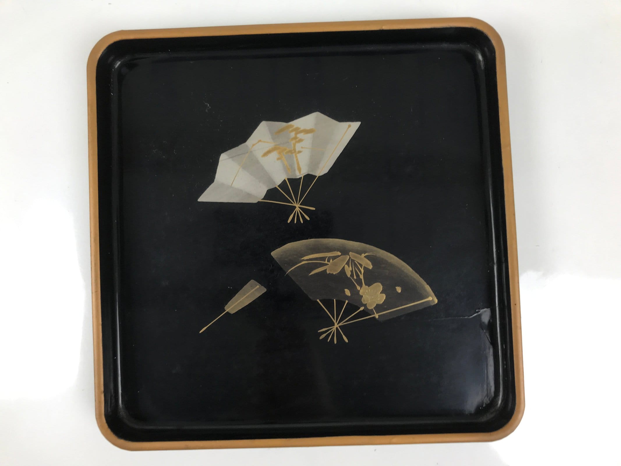 Japanese Lacquered Wooden Serving Tray Obon Vtg Square Makie Fans Black LWB123