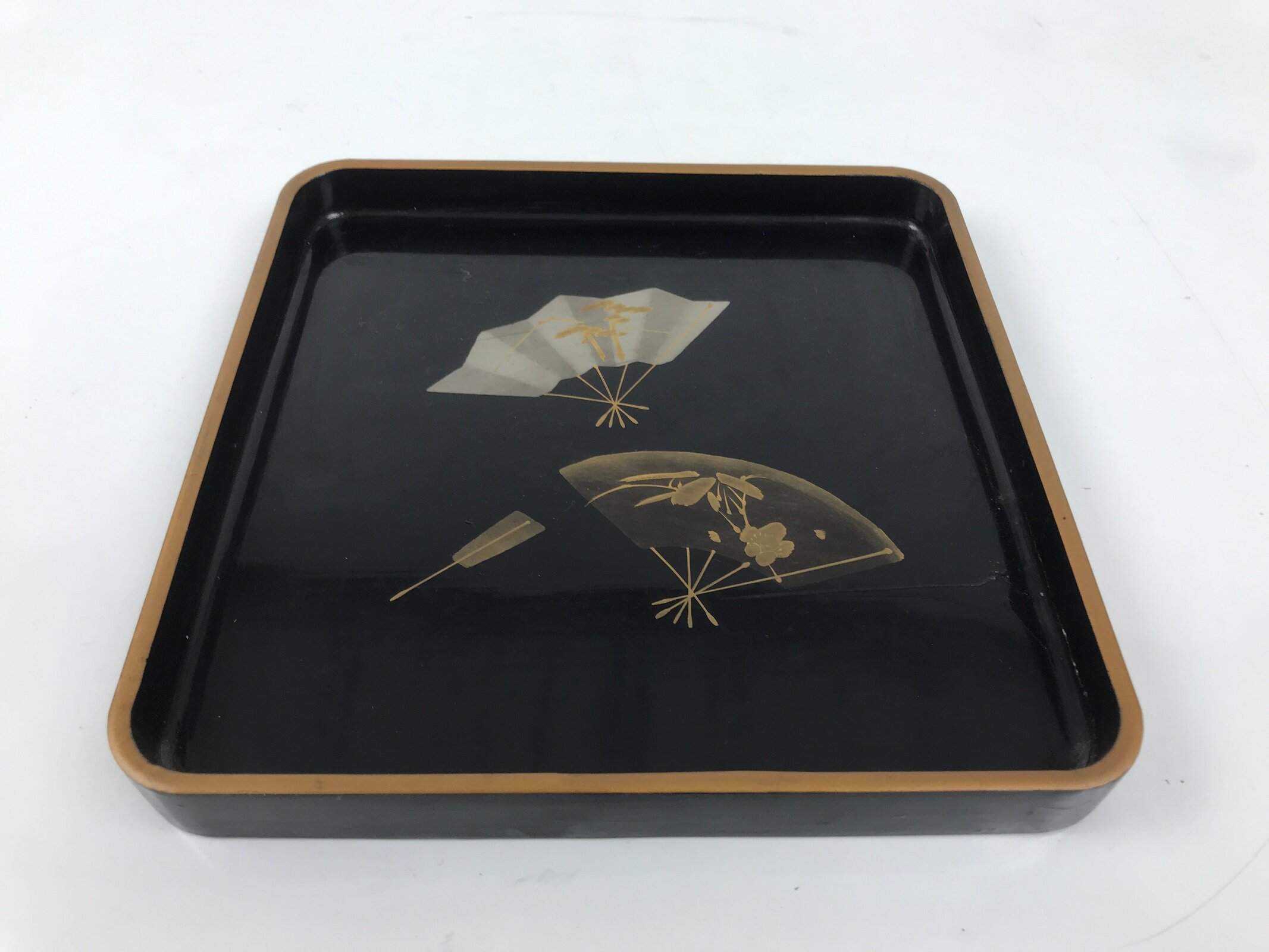 Japanese Lacquered Wooden Serving Tray Obon Vtg Square Makie Fans Black LWB123