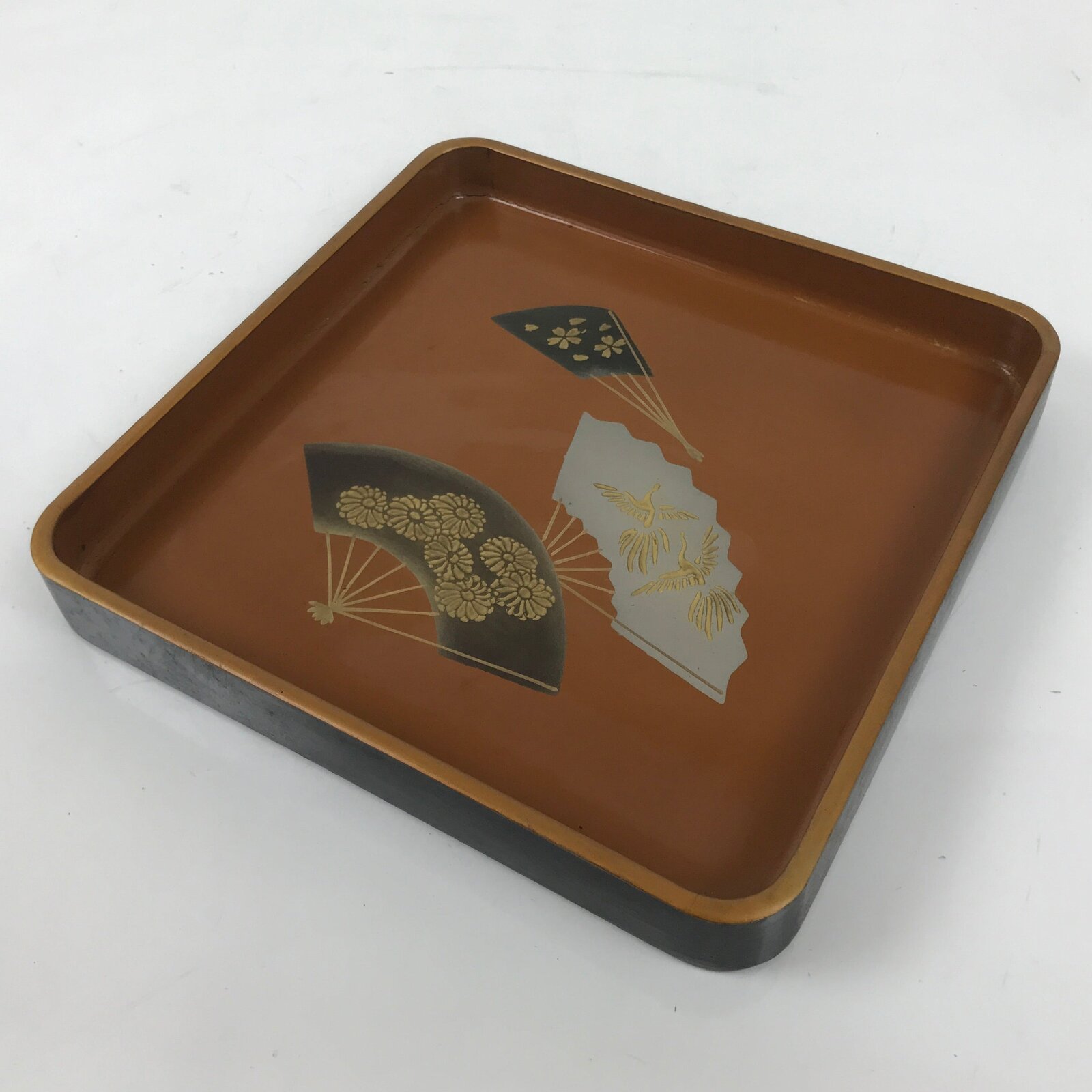Japanese Lacquered Wooden Serving Tray Obon Vtg Square Makie Fans Brown LWB124