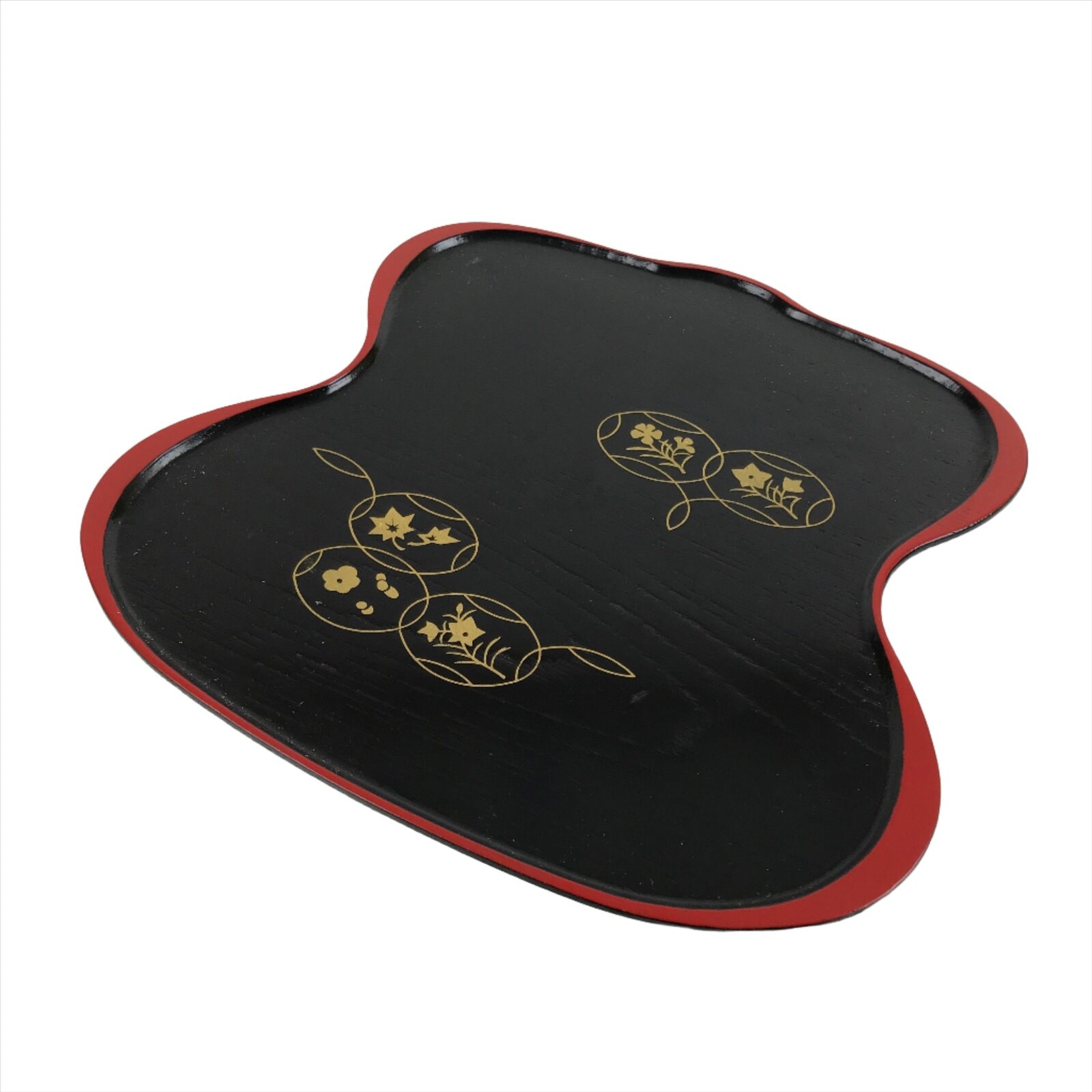 Japanese Lacquered Wooden Serving Tray Vtg Hyotan Gourd Black Red Makie L259