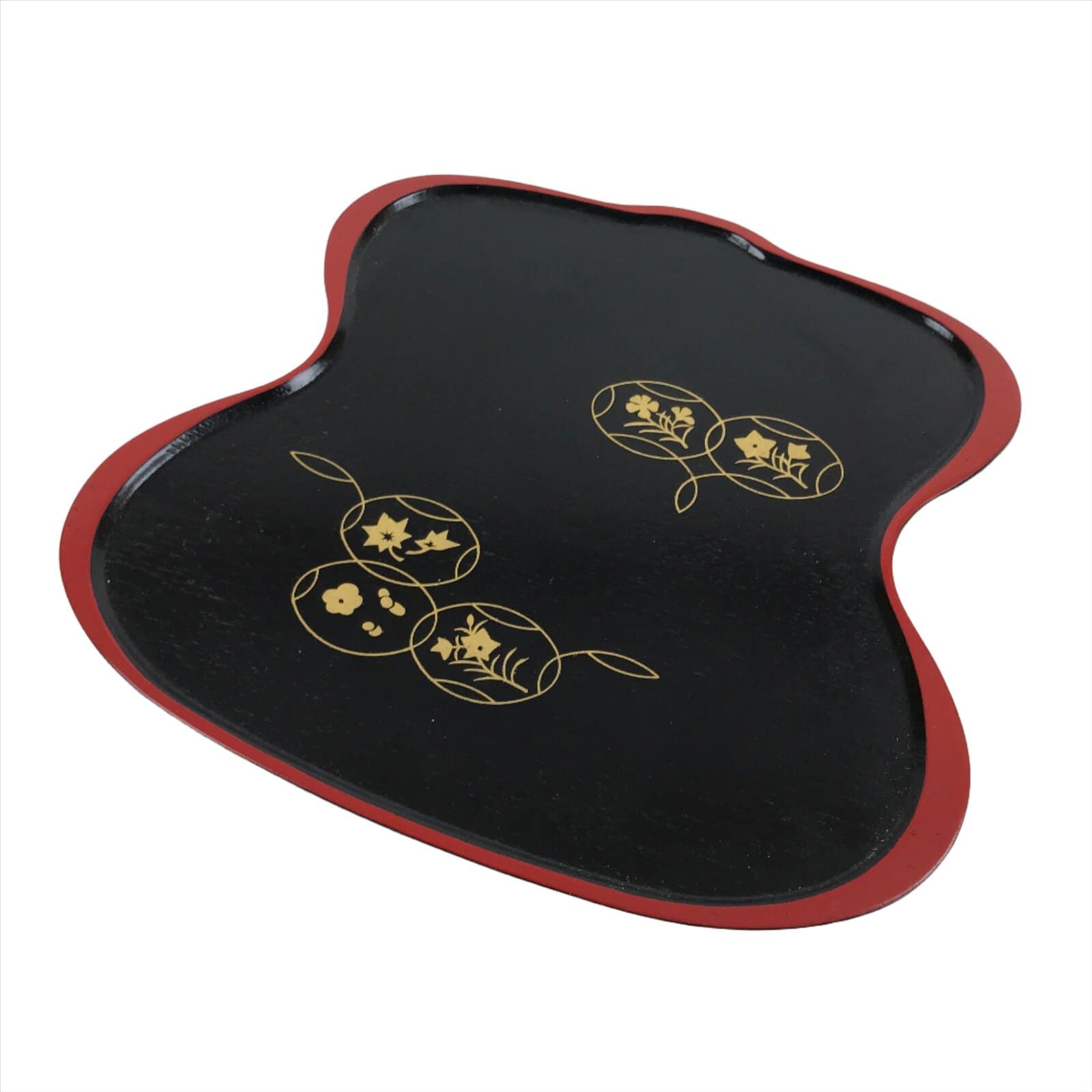 Japanese Lacquered Wooden Serving Tray Vtg Hyotan Gourd Black Red Makie L260