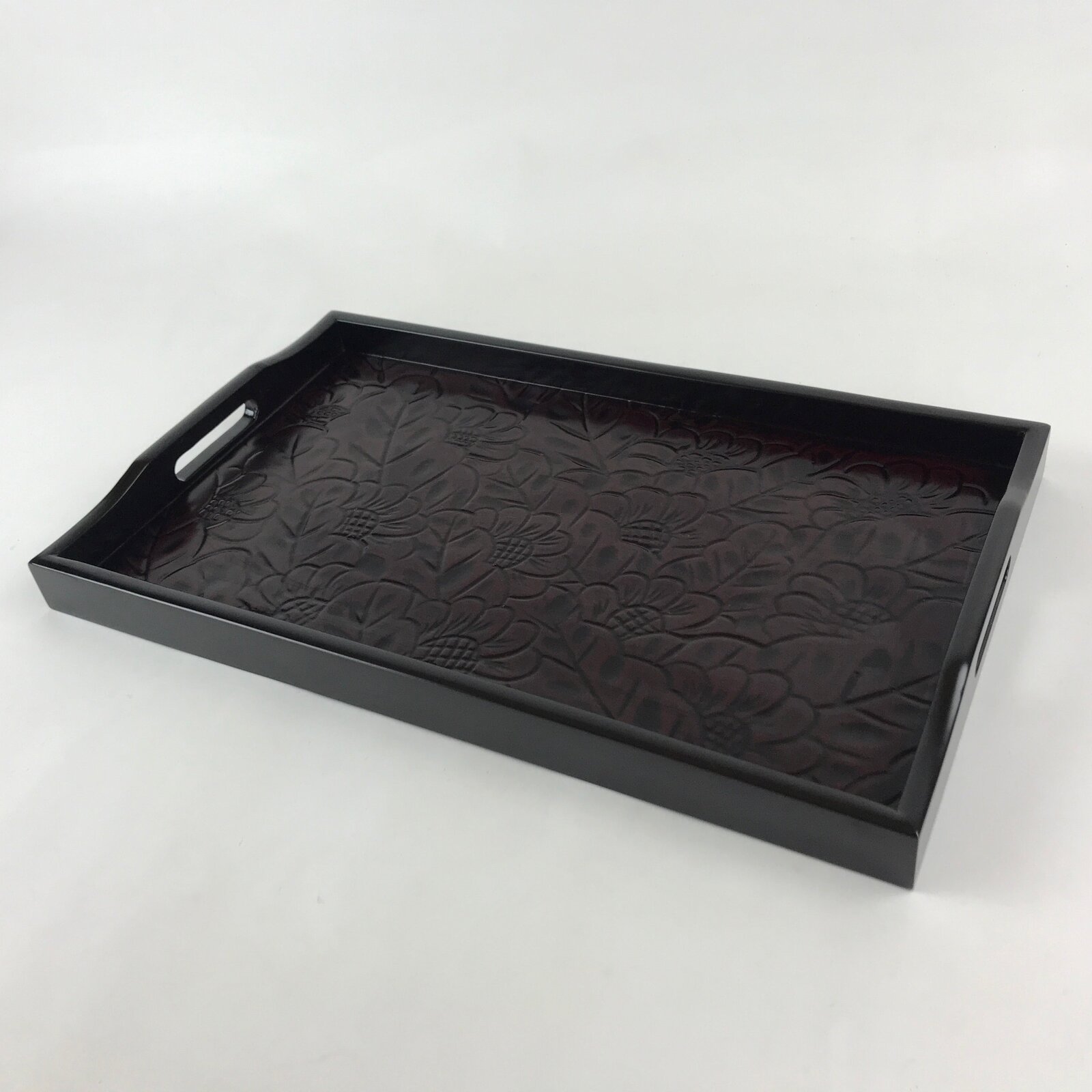 Japanese Lacquered Wooden Serving Tray Vtg Large Obon Carved Flowers UR906