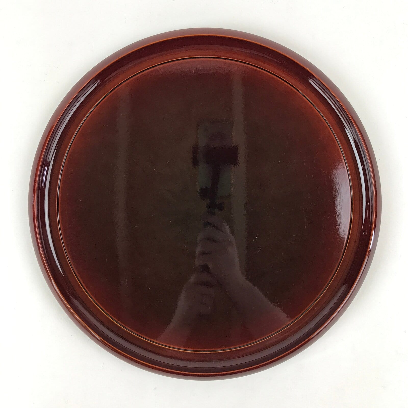 Japanese Lacquered Wooden Serving Tray Vtg Obon Hida Shunkei Brown Round UR899