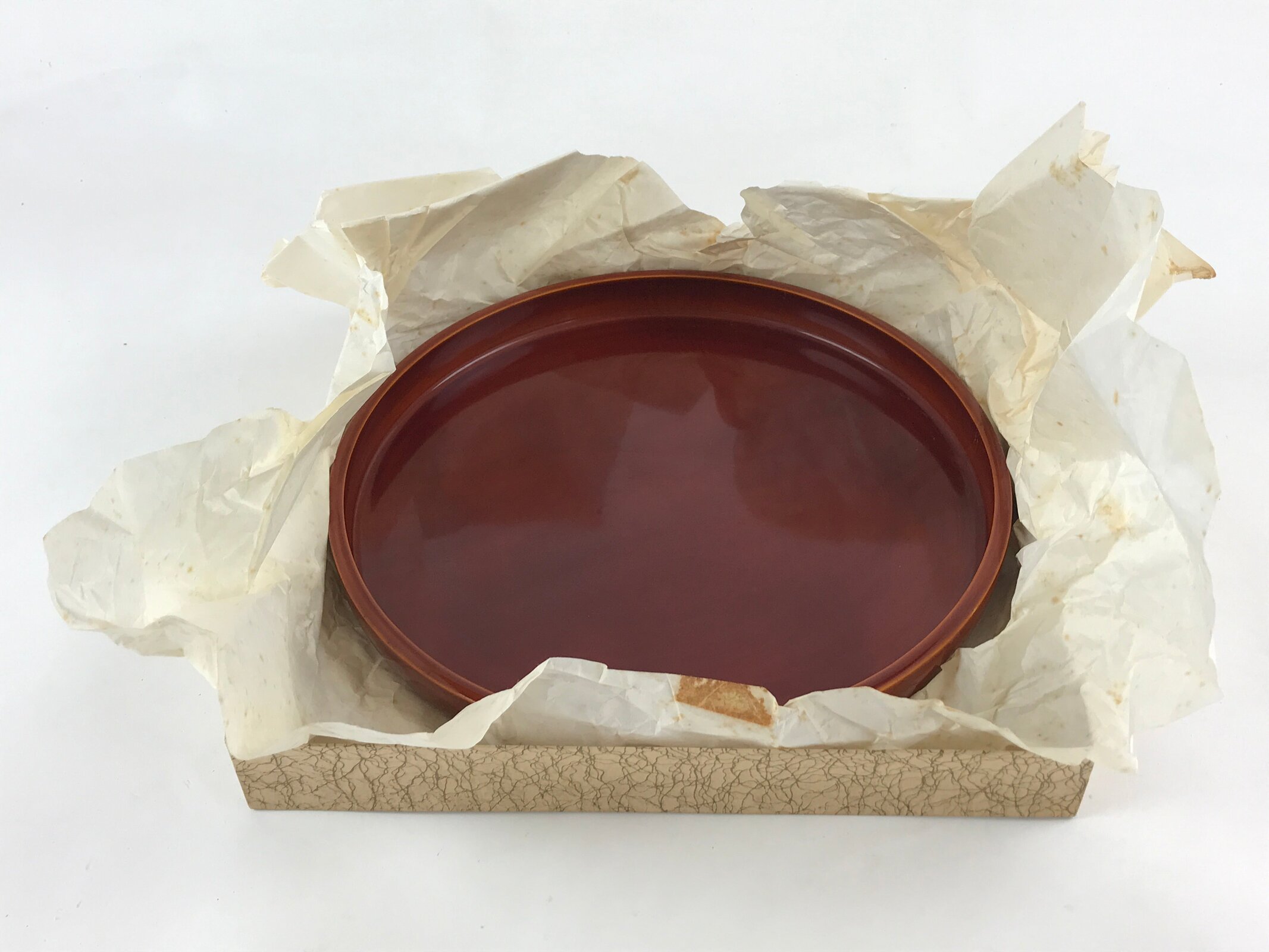 Japanese Lacquered Wooden Serving Tray Vtg Obon Hida Shunkei Brown Round UR900