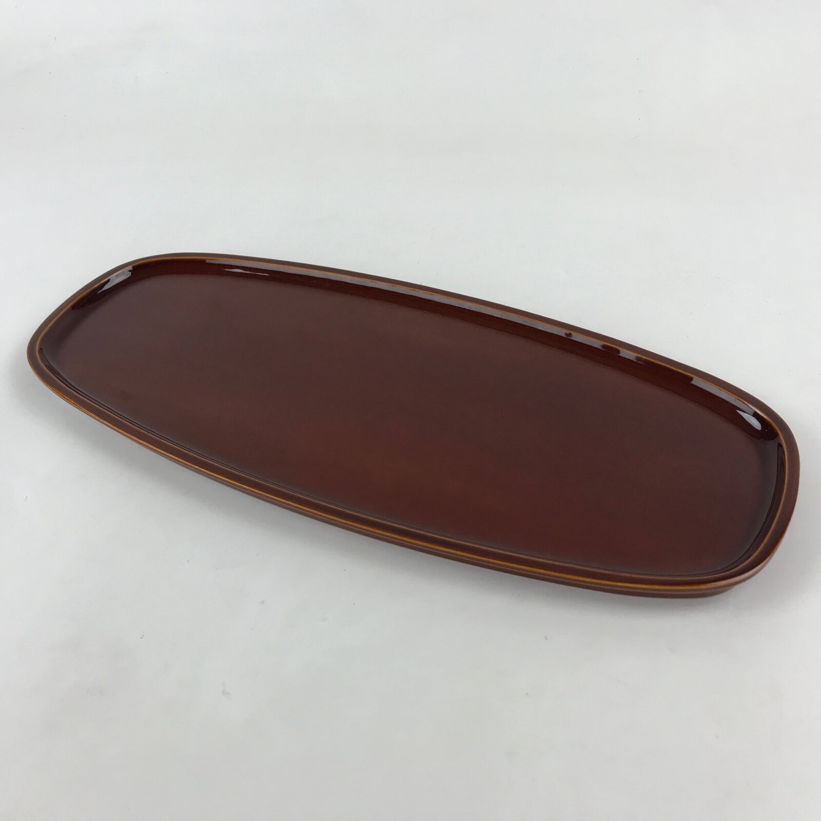 Japanese Lacquered Wooden Serving Tray Vtg Obon Shunkei Nuri Brown Oval UR903