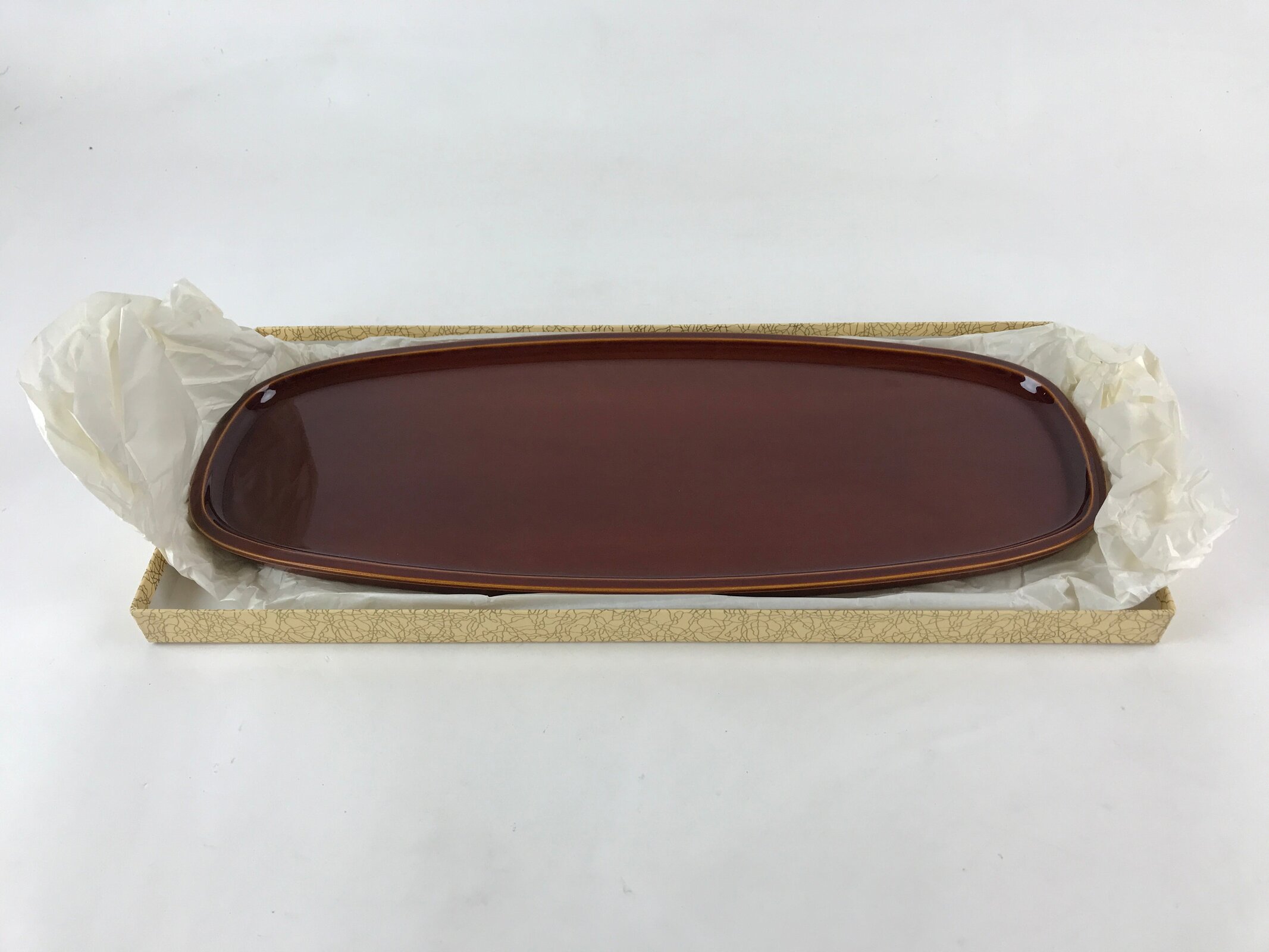 Japanese Lacquered Wooden Serving Tray Vtg Obon Shunkei Nuri Brown Oval UR903