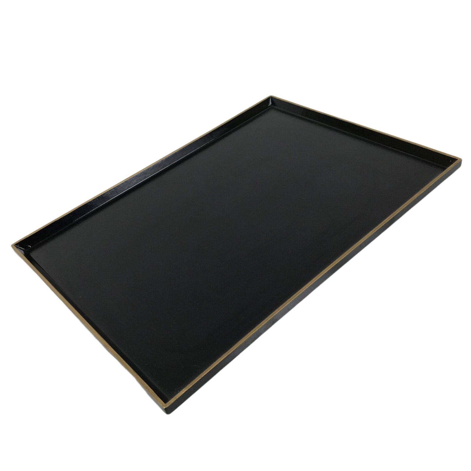Japanese Lacquered Wooden Serving Tray Vtg Rectangle Obon Black Gold L415