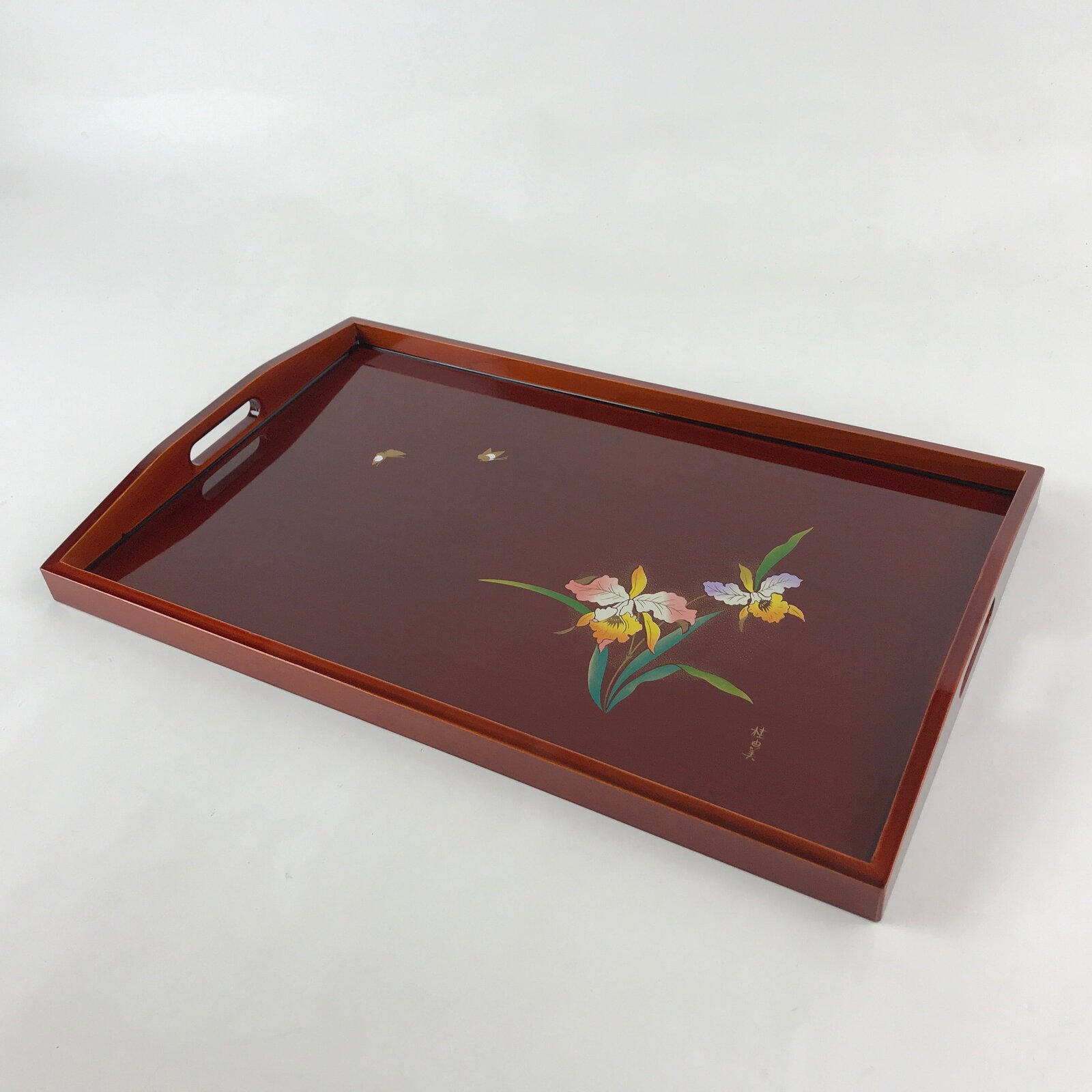 Japanese Lacquered Wooden Serving Tray Vtg Shunkei Obon Maki-e Orchid UR905