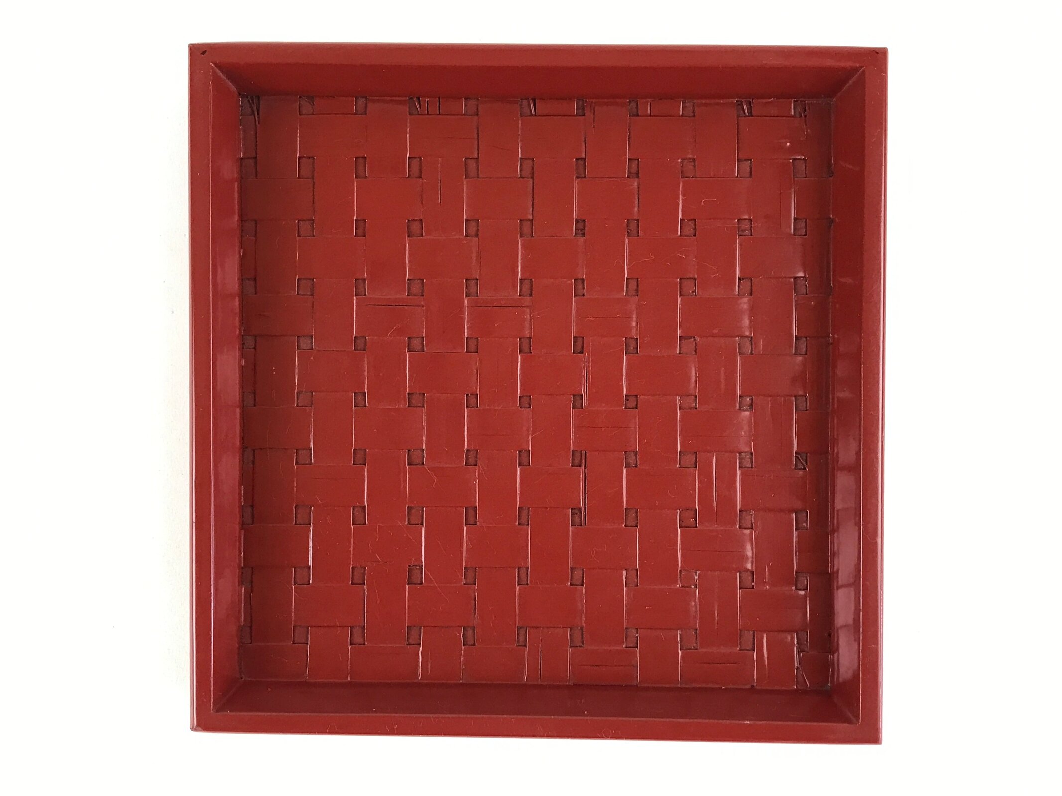 Japanese Lacquered Wooden Serving Tray Vtg Small Obon Red Weave Pattern UR893