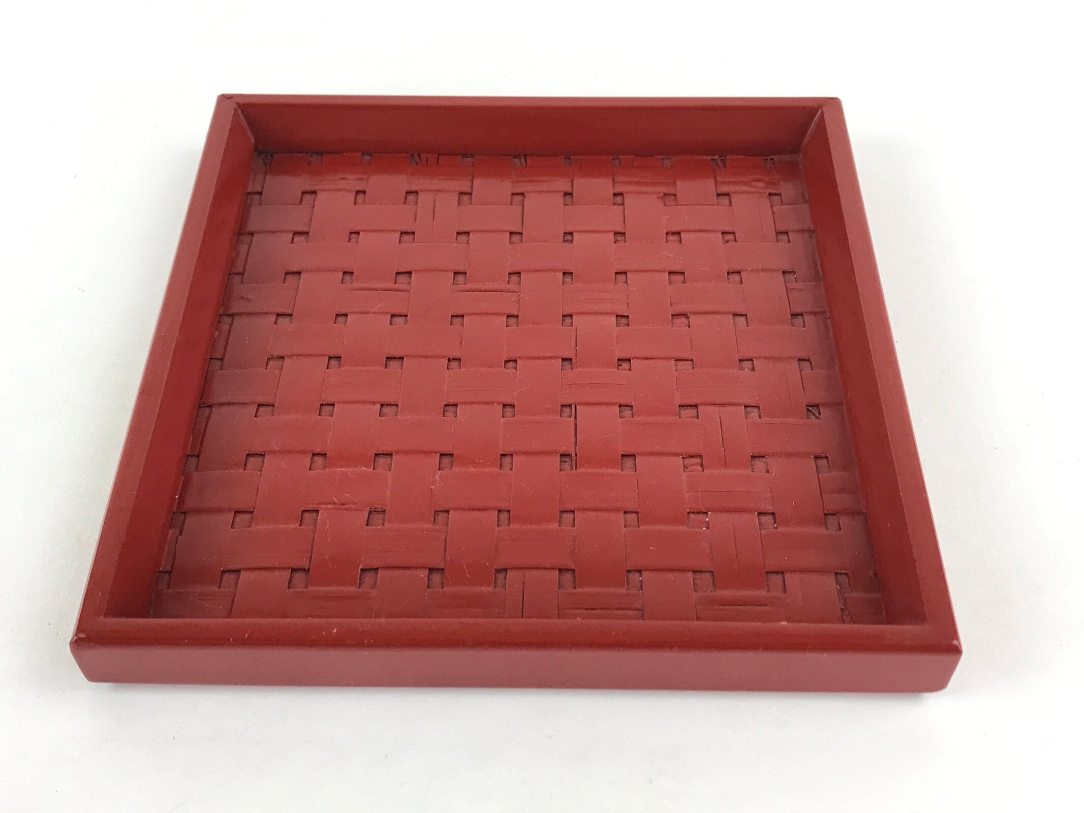 Japanese Lacquered Wooden Serving Tray Vtg Small Obon Red Weave Pattern UR893