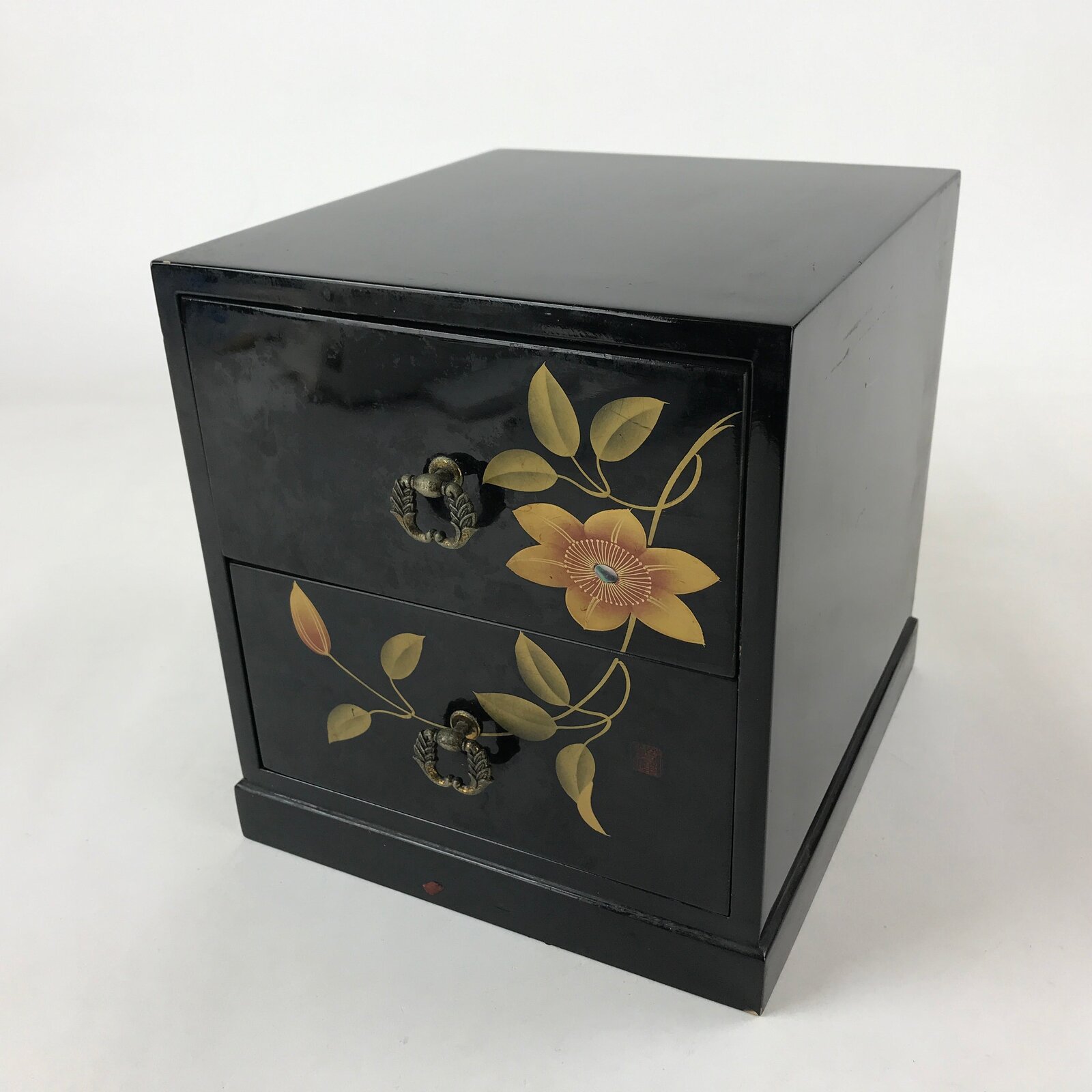 Japanese Lacquered Wooden Sewing Box Vtg Haribako Tansu Raden Makie Flower T357