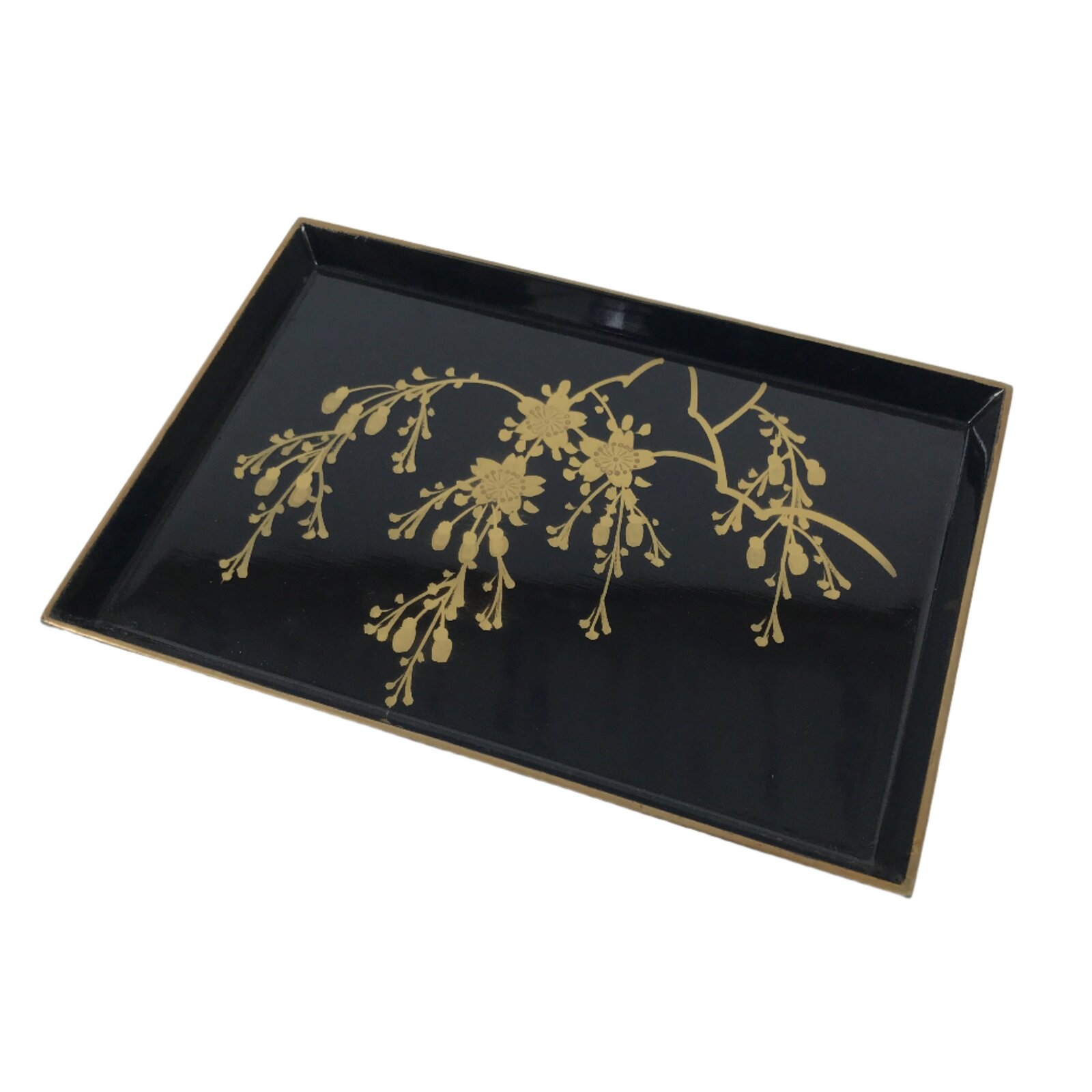 Japanese Lacquered Wooden Small Tray Vtg Obon Makie Gold Cherry Blossoms L442
