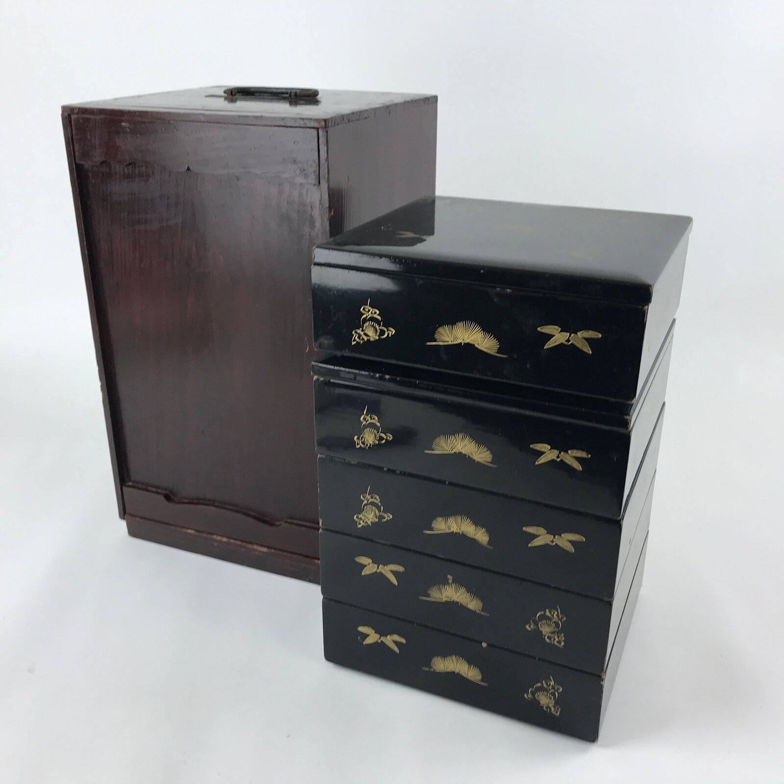 Japanese Lacquerware Bento Boxes 5 Tiers 2 Lids Vtg Wood Storage Box Makie LWB61