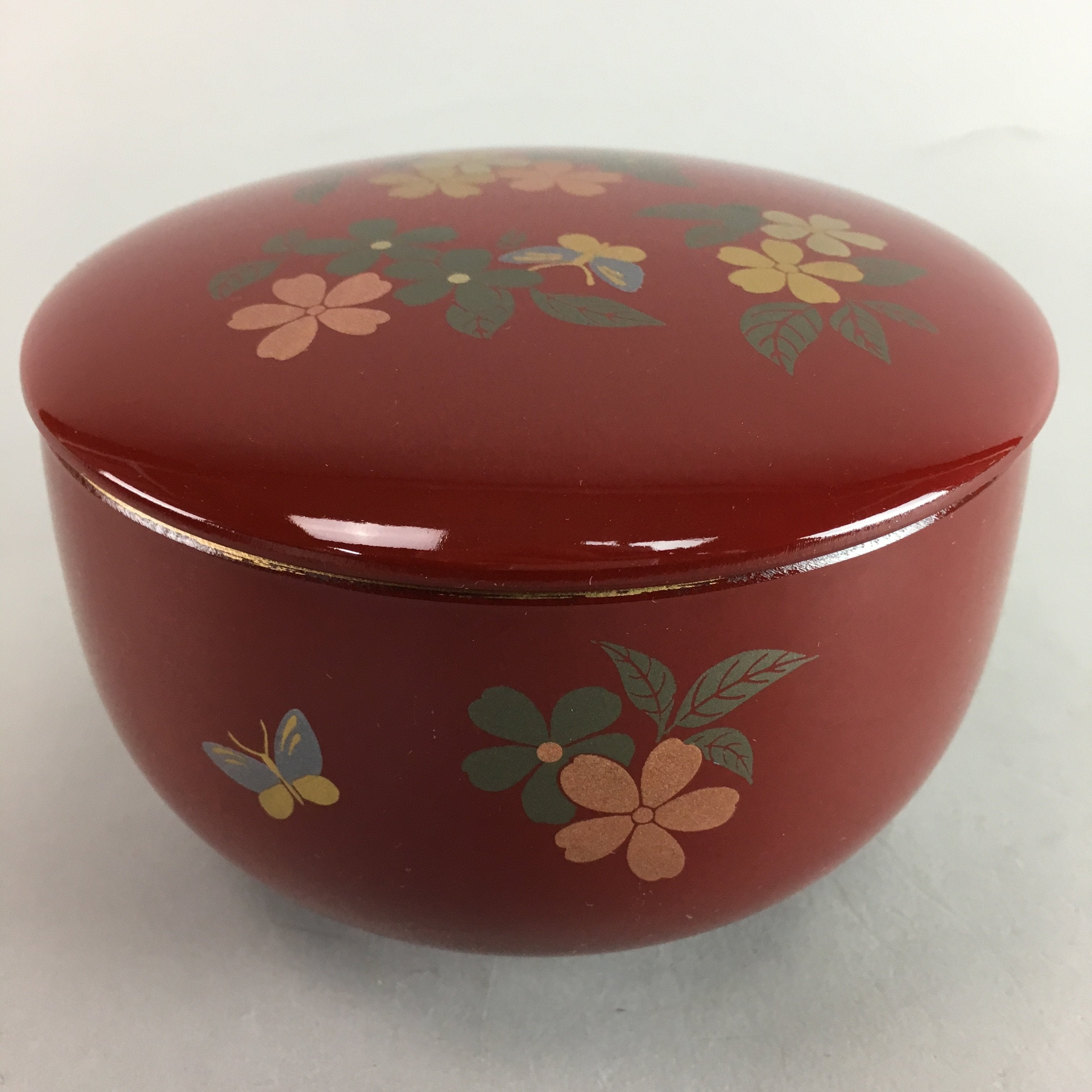 Japanese Lacquer ware Bowl Vtg Lidded Owan Red Floral Butterfly Makie QT41