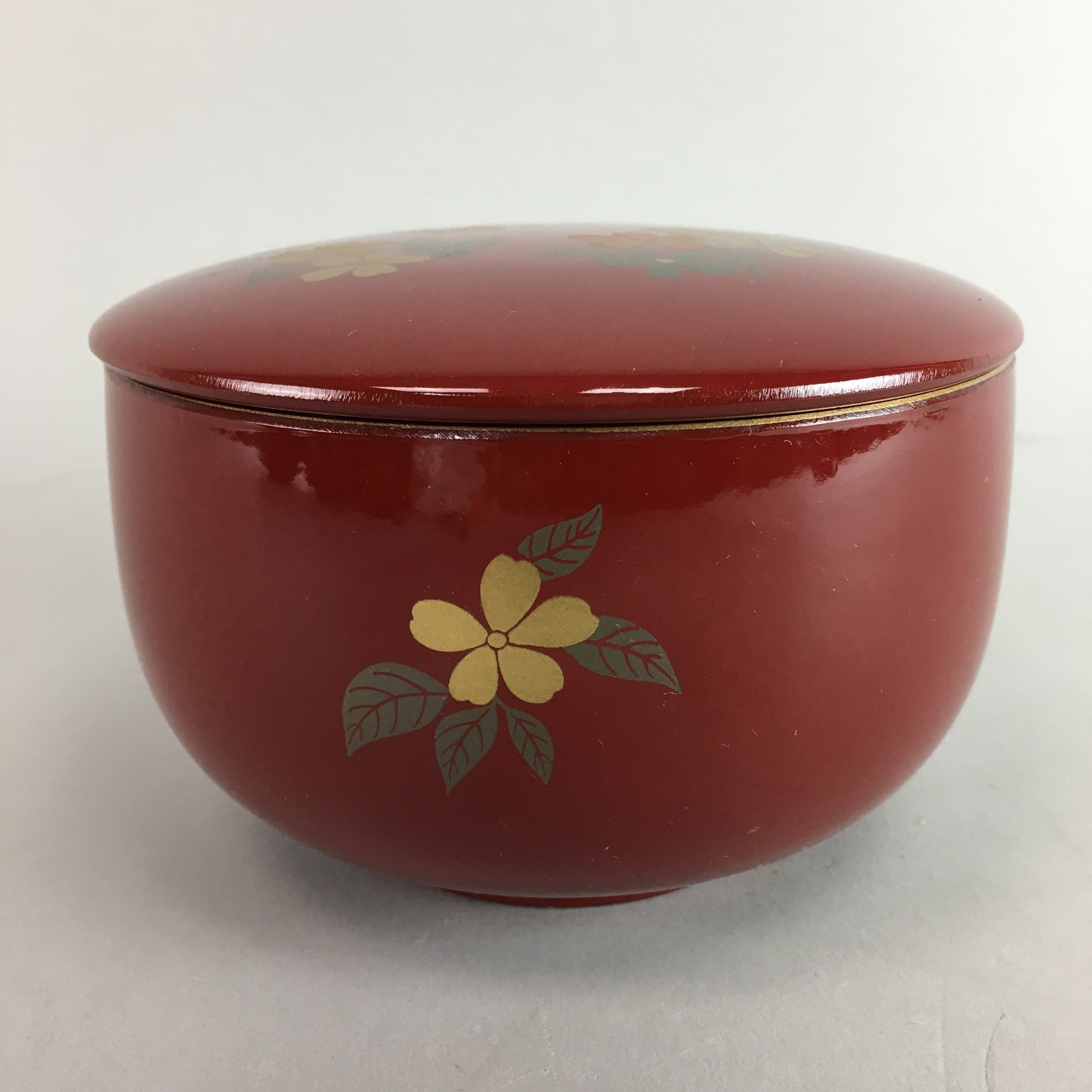 Japanese Lacquer ware Bowl Vtg Lidded Owan Red Floral Butterfly Makie QT41