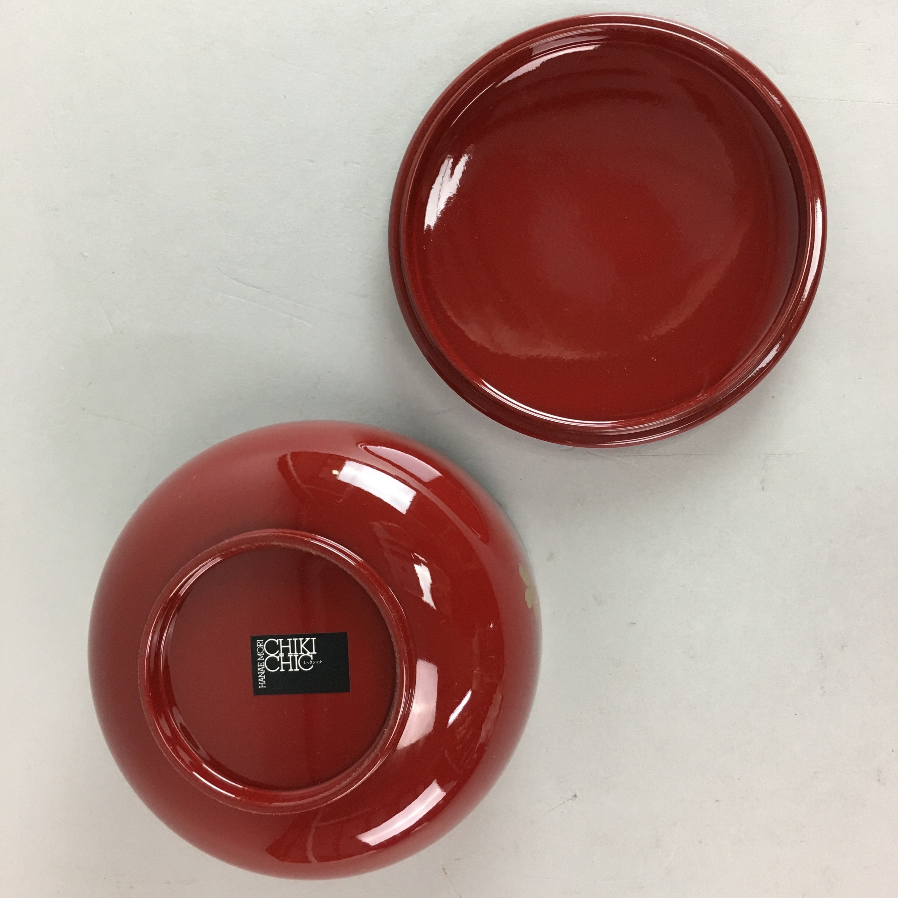 Japanese Lacquer ware Bowl Vtg Lidded Owan Red Floral Butterfly Makie QT41