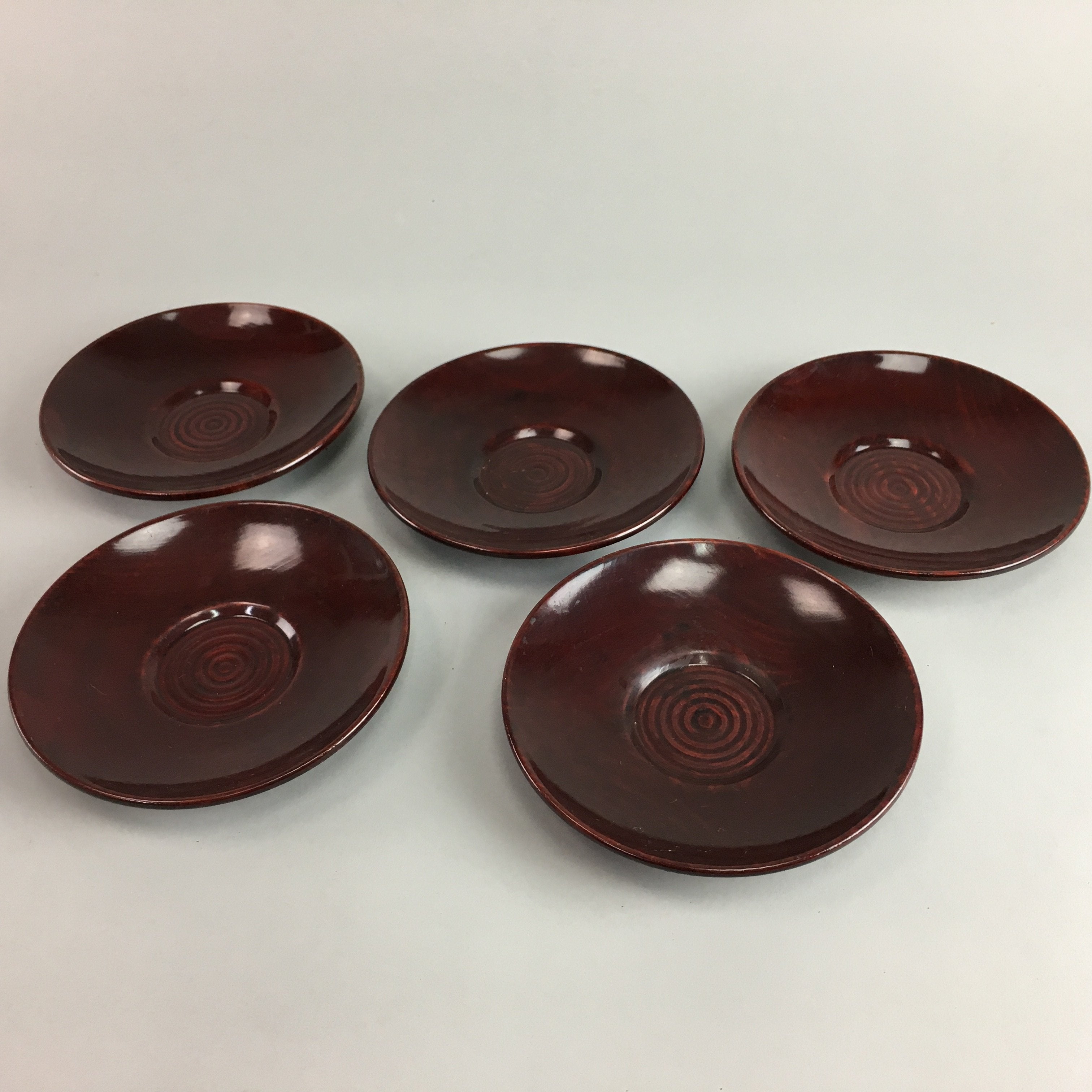 Japanese Lacquer ware Drink Coaster Saucer Vtg Chataku 5pc Wood Brown LW996