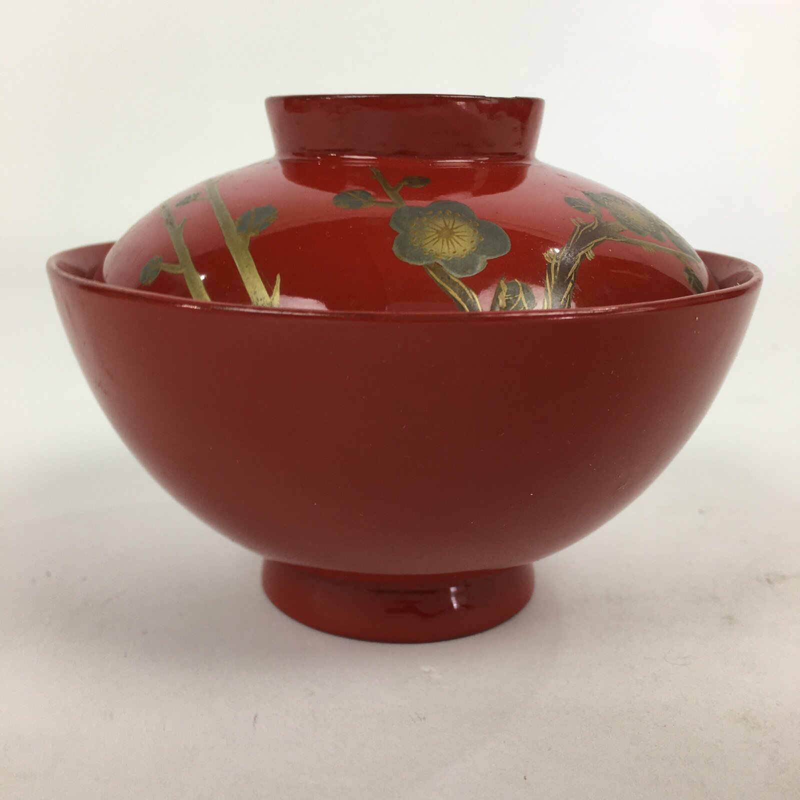 Japanese Lacquerware Lidded Bowl Vtg Maki-e Gold Owan Soup Bowl Red UR649