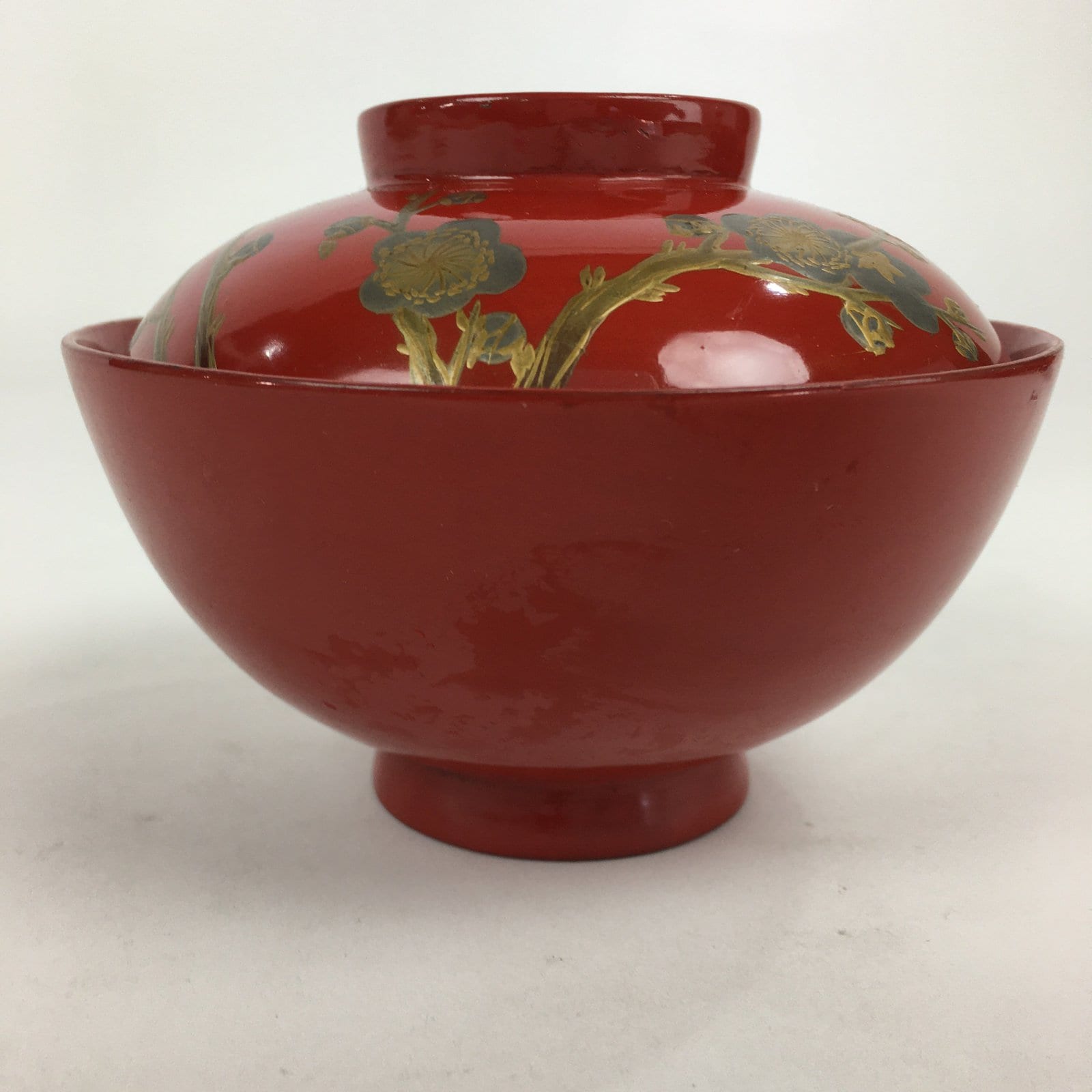 Japanese Lacquerware Lidded Bowl Vtg Maki-e Gold Owan Soup Bowl Red UR650