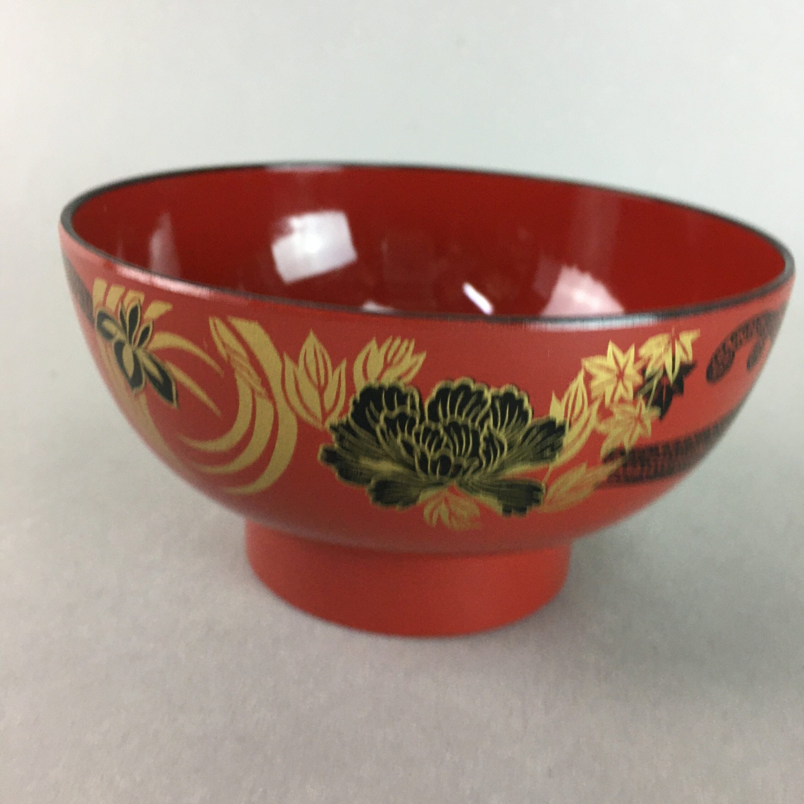Japanese Lacquer ware Soup Bowl Replica Vtg Red Floral Gold Makie Owan QT91