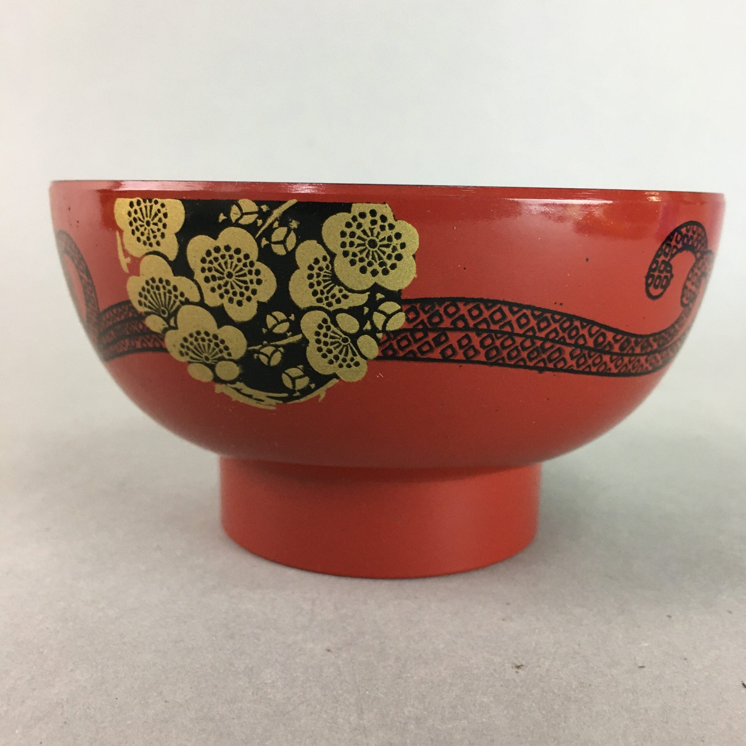 Japanese Lacquer ware Soup Bowl Replica Vtg Red Floral Gold Makie Owan QT91