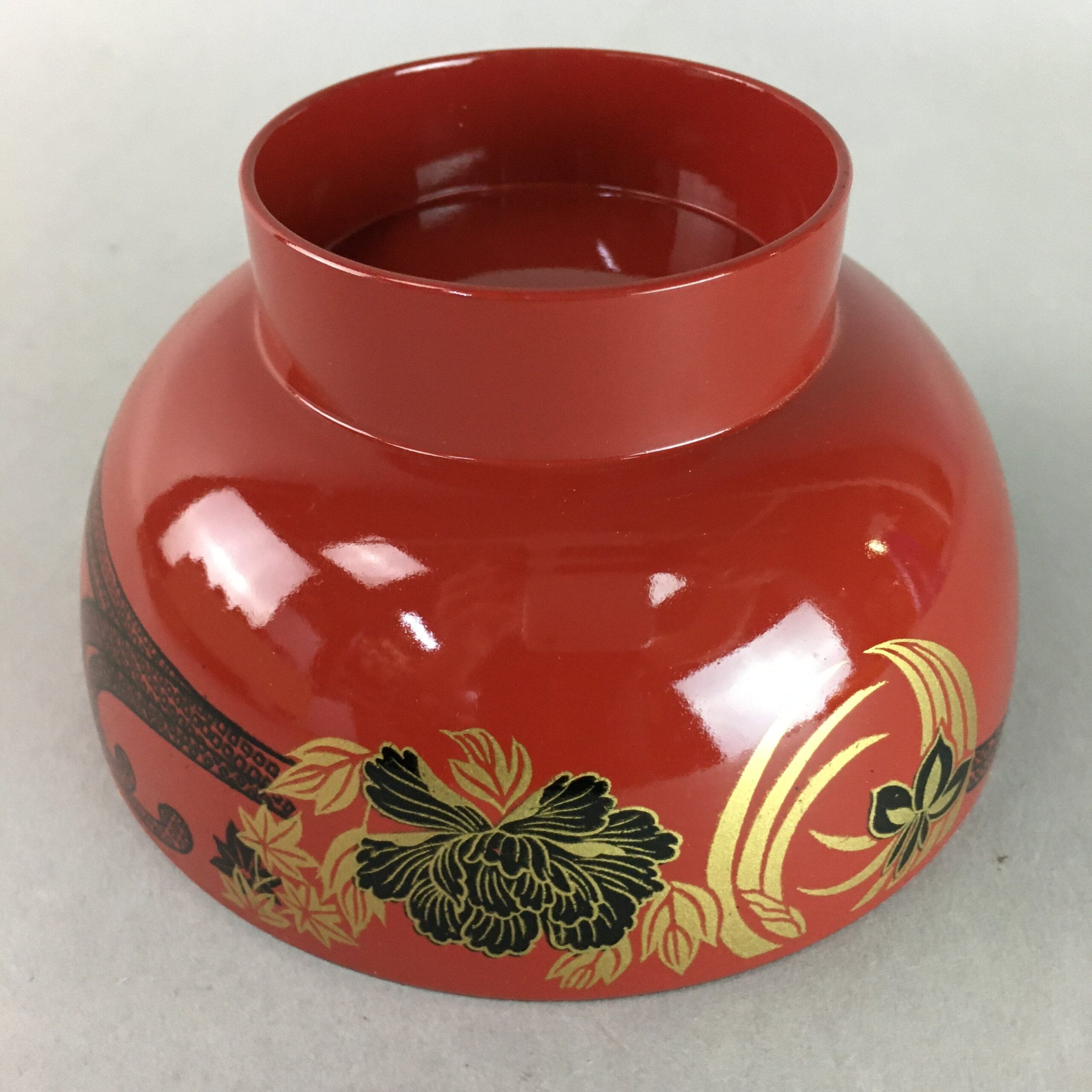 Japanese Lacquer ware Soup Bowl Replica Vtg Red Floral Gold Makie Owan QT91