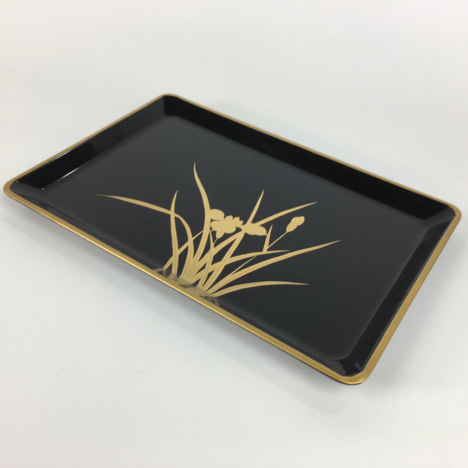 Japanese Lacquerware Tray Rectangle Vtg Large Obon Black Gold Iris UR483