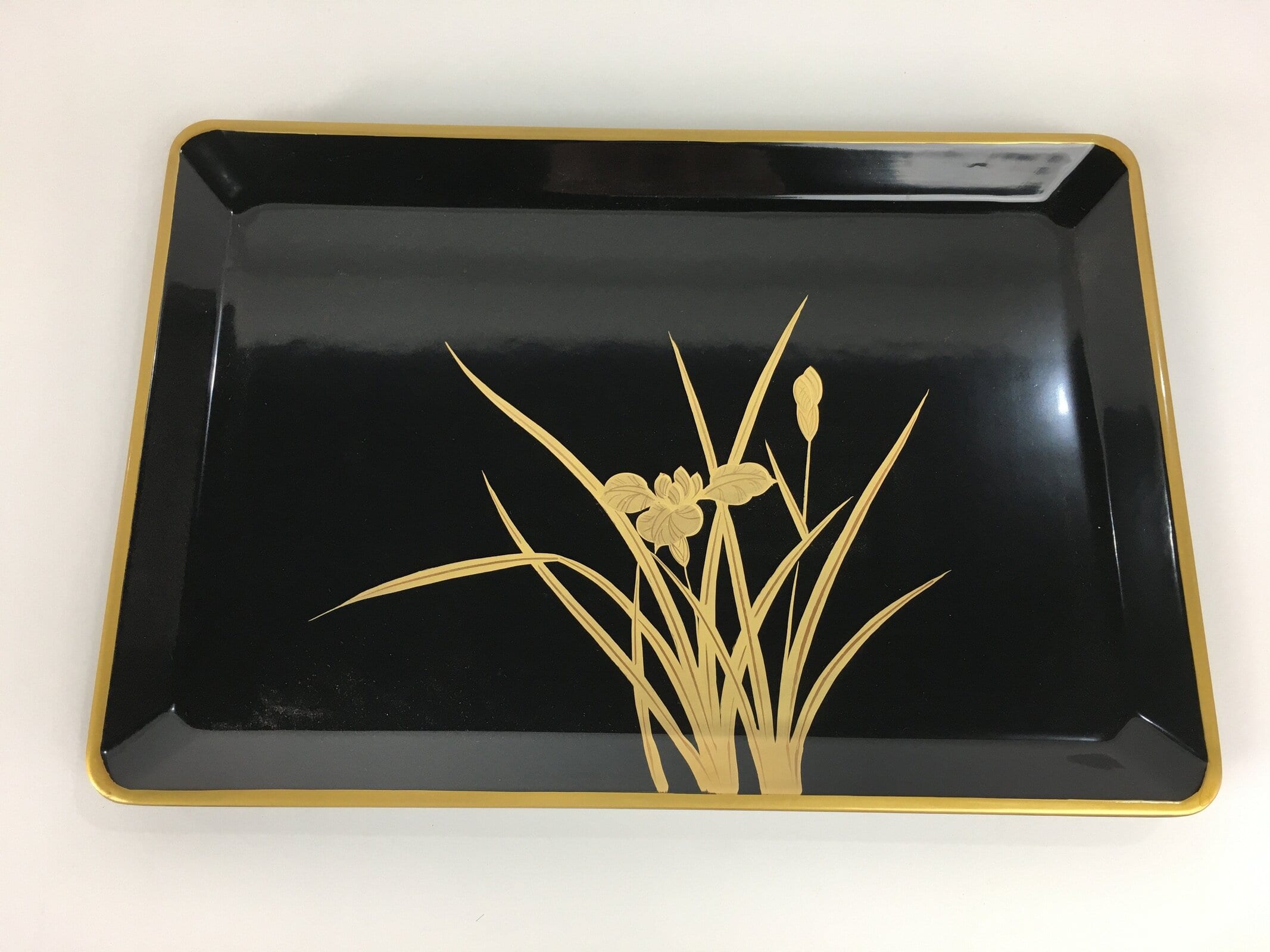 Japanese Lacquerware Tray Rectangle Vtg Large Obon Black Gold Iris UR483