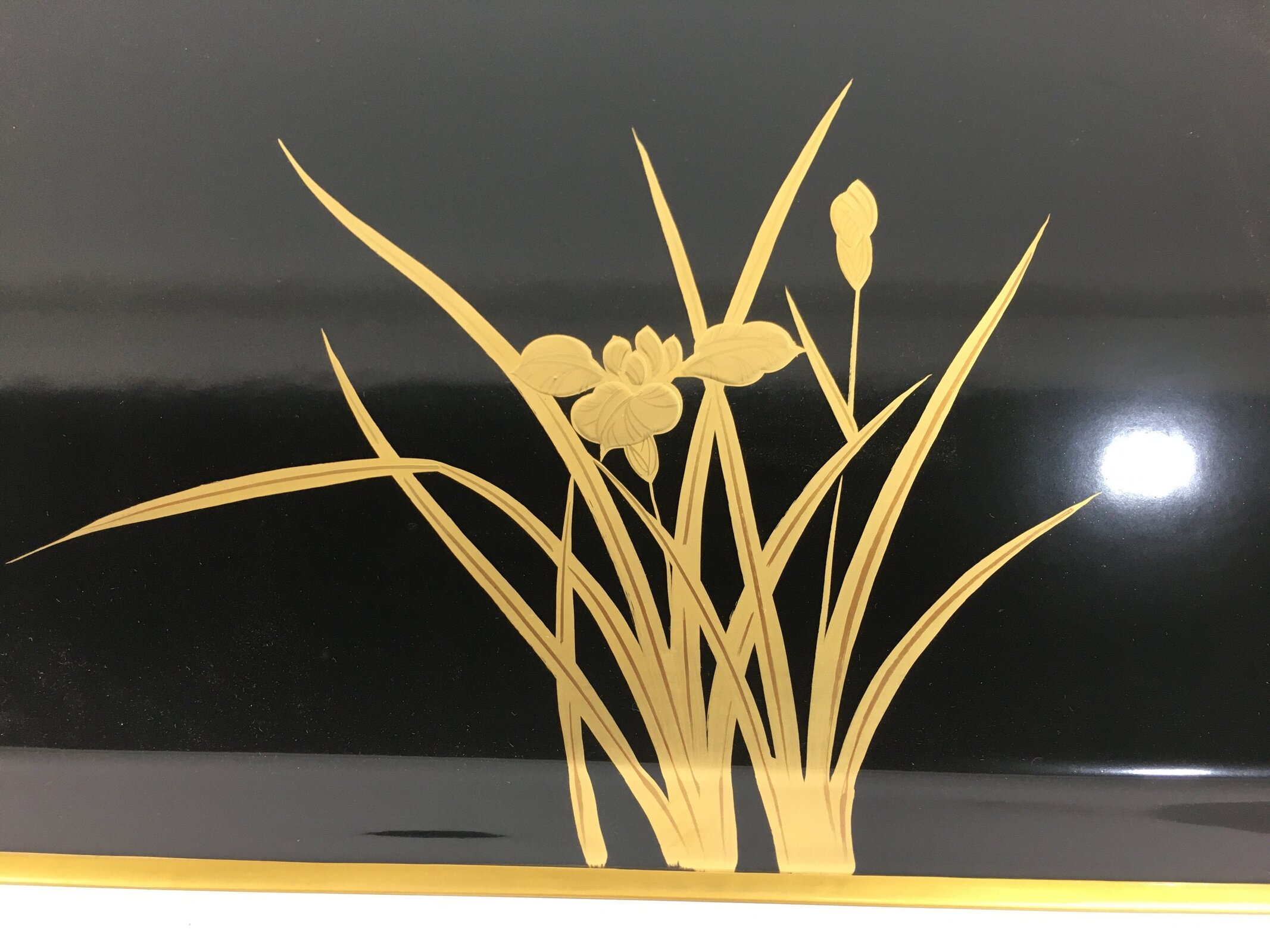 Japanese Lacquerware Tray Rectangle Vtg Large Obon Black Gold Iris UR483