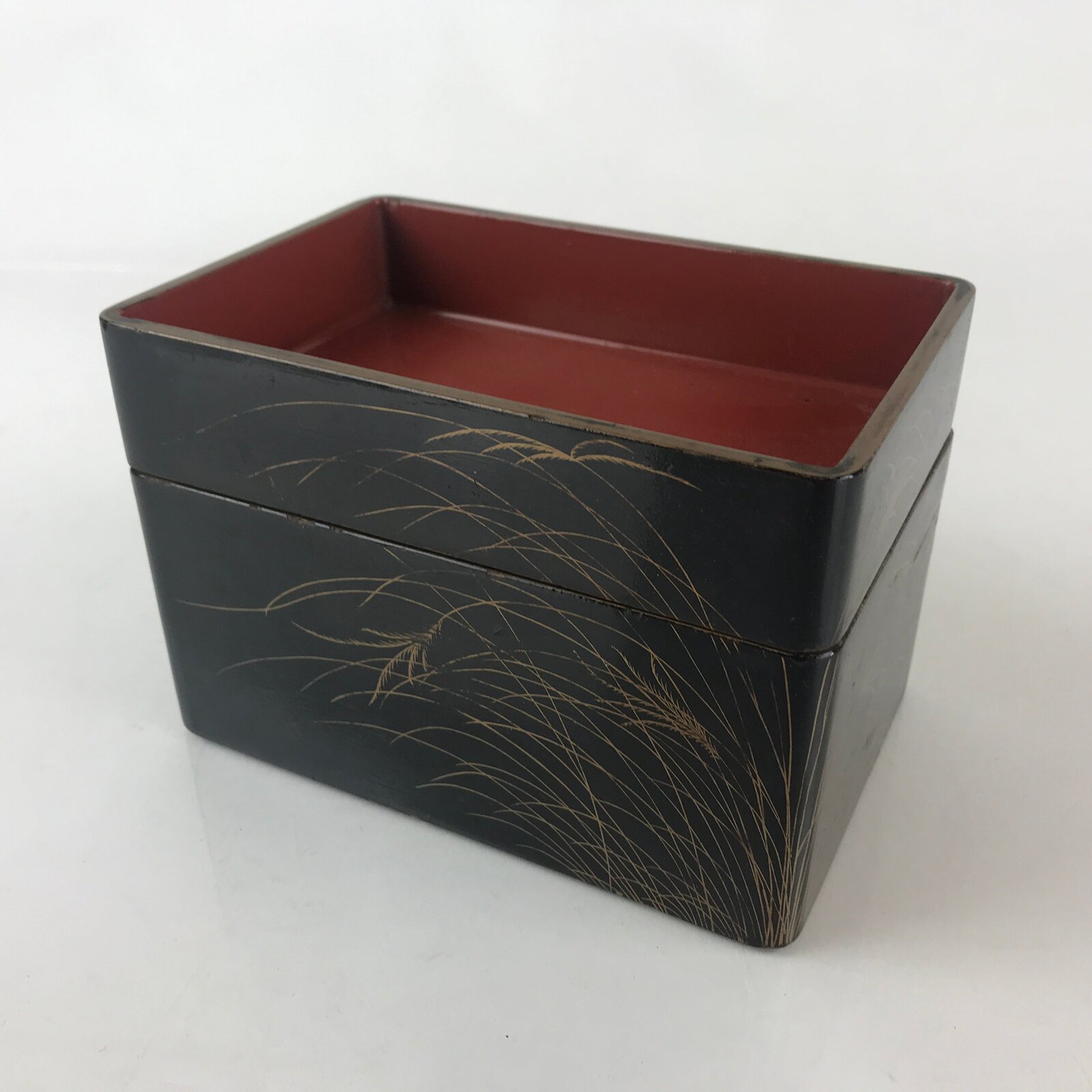 Japanese Lacquerware Wooden Bento Box 2 Tier Vtg Black Jubako Pampas Grass JB82