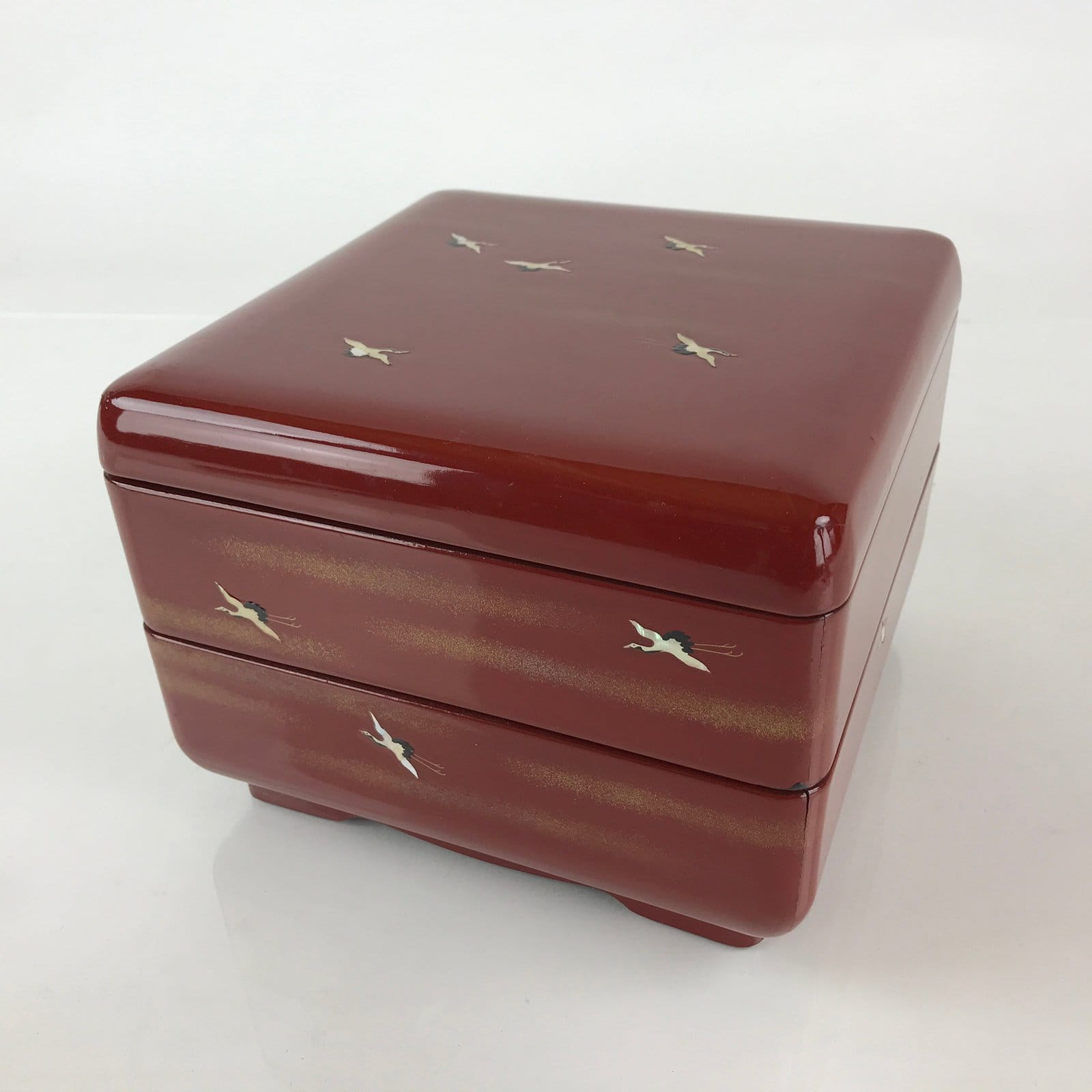 Japanese Lacquerware Wooden Bento Box Red 2 Tier Vtg Jubako Raden Crane JB79