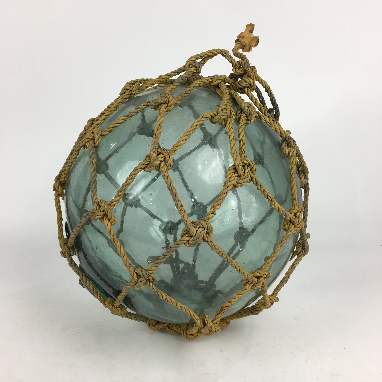 Japanese Large Glass Fishing Float Ball Vtg Blue Boat Buoy With Net BD737
