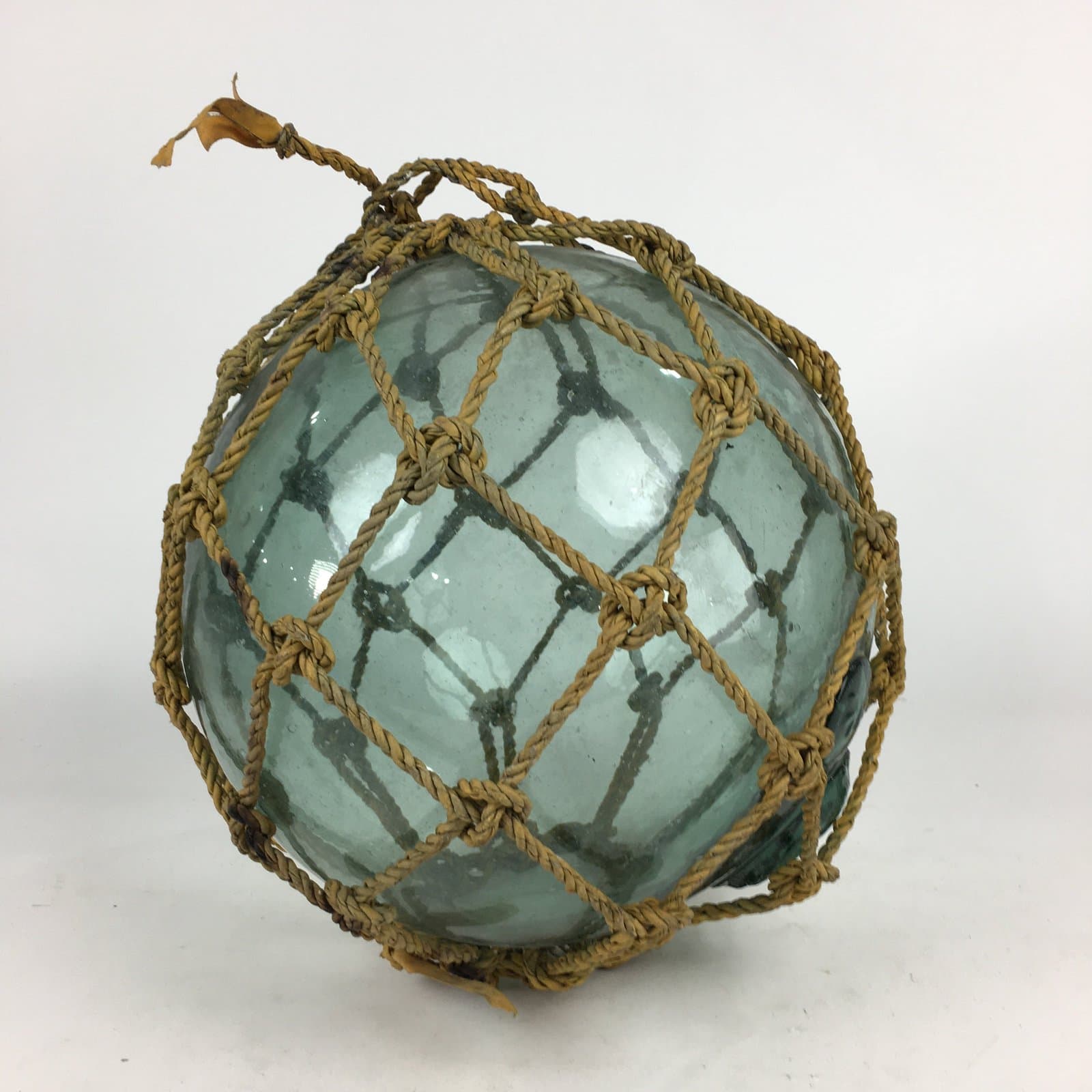 Japanese Large Glass Fishing Float Ball Vtg Blue Boat Buoy With Net BD737
