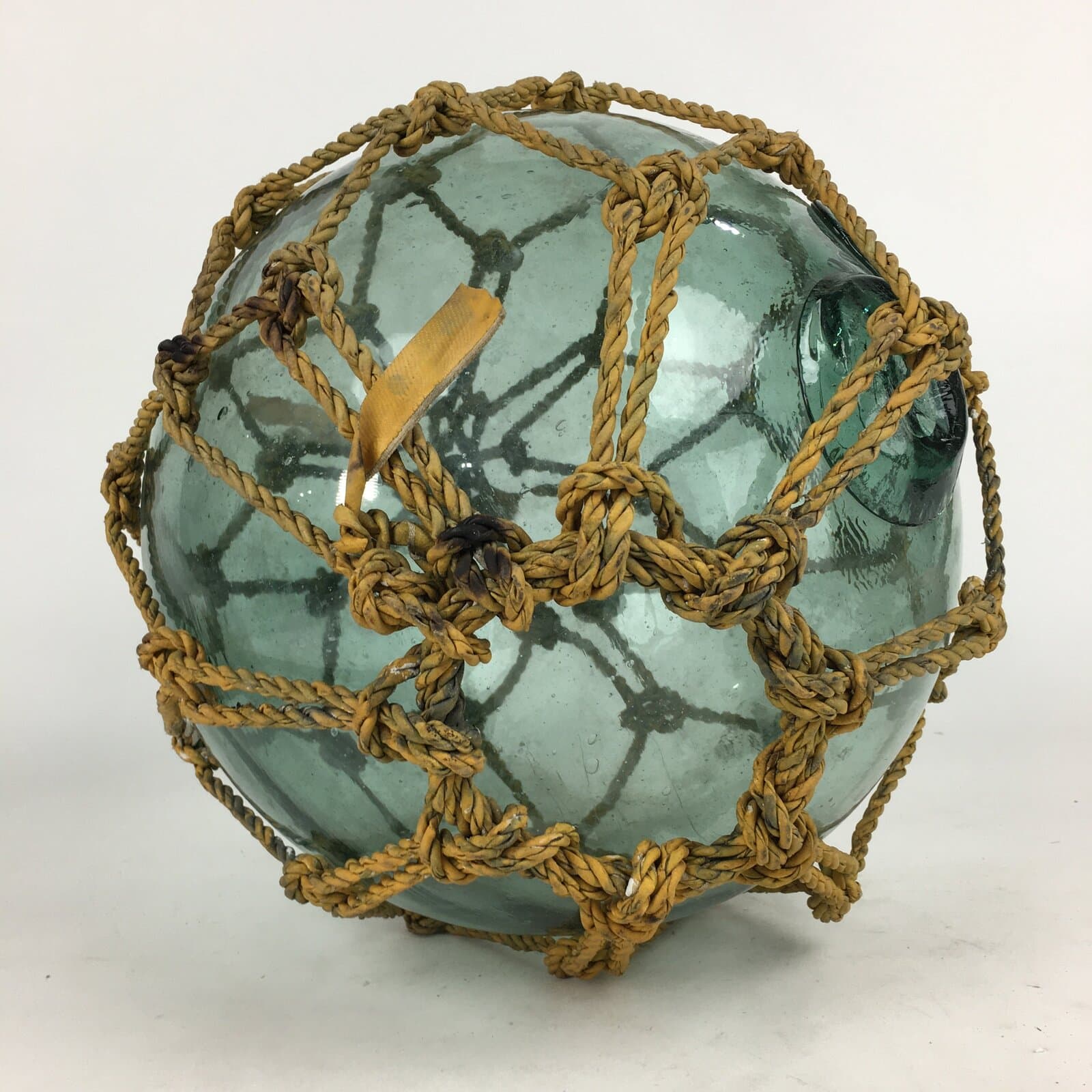 Japanese Large Glass Fishing Float Ball Vtg Blue Boat Buoy With Net BD737