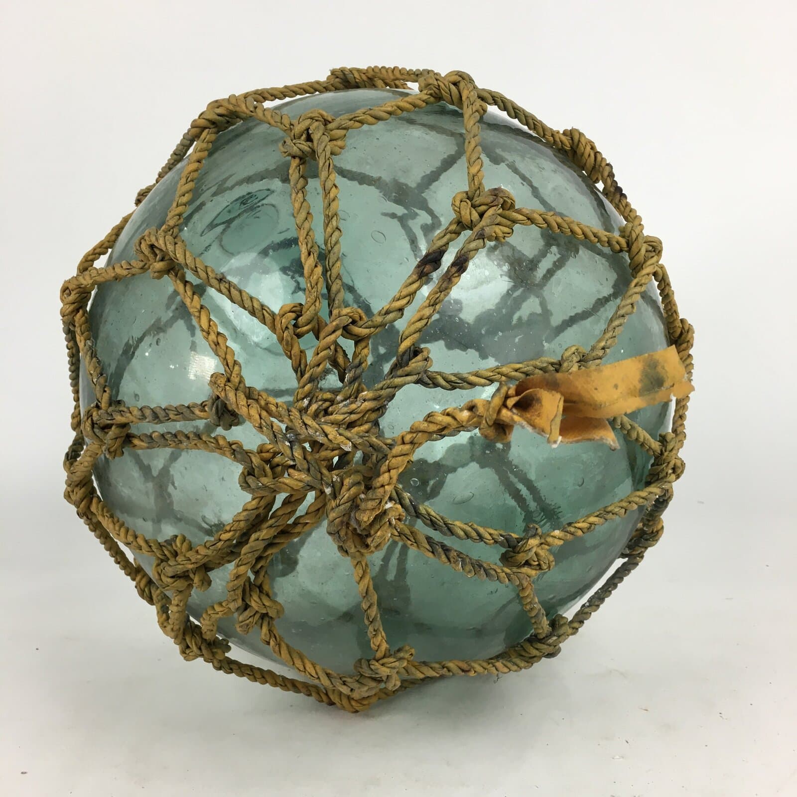 Japanese Large Glass Fishing Float Ball Vtg Blue Boat Buoy With Net BD737